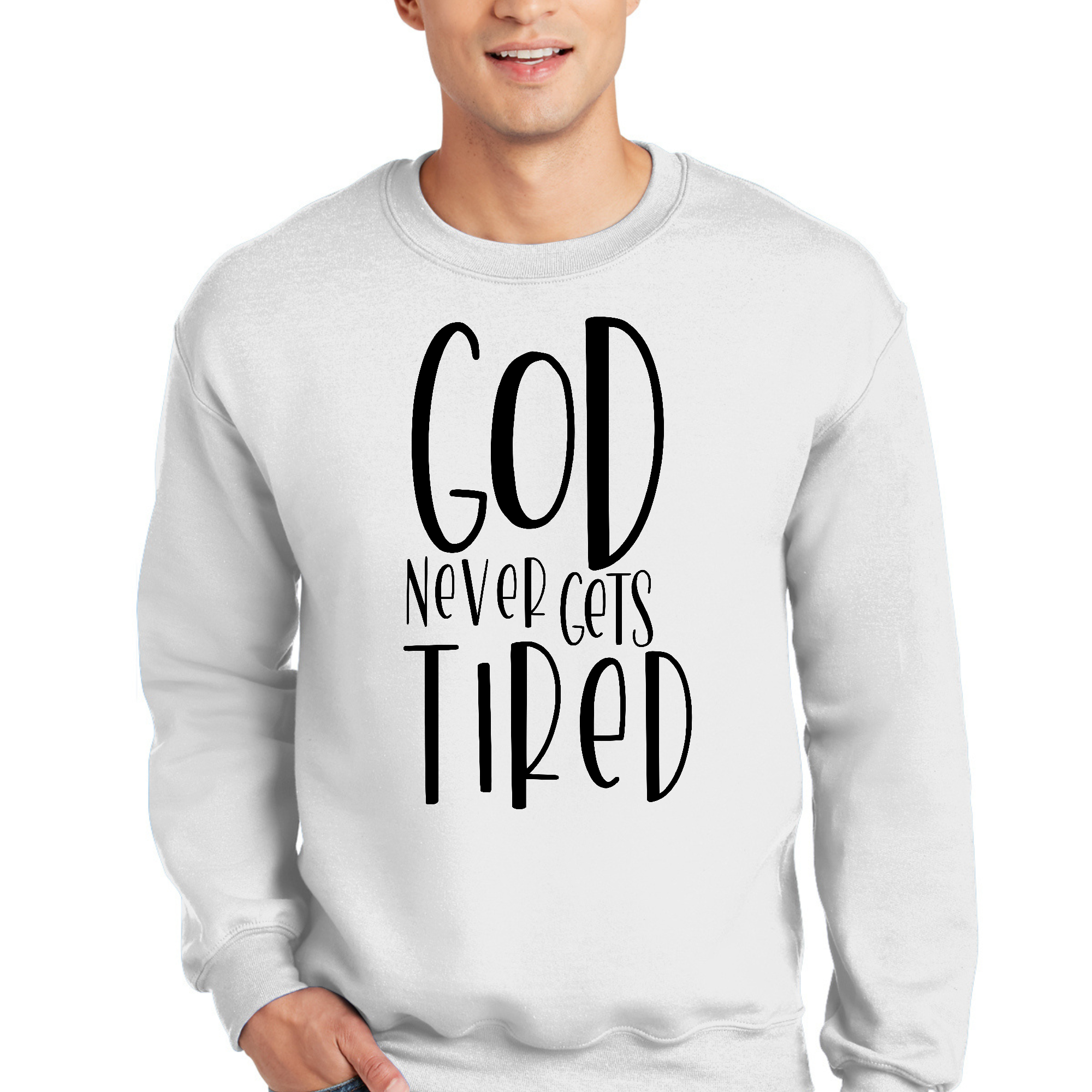 Mens black graphic sweatshirt with 'God Never Gets Tired' inspirational quote, featuring long sleeves and a comfortable fit.