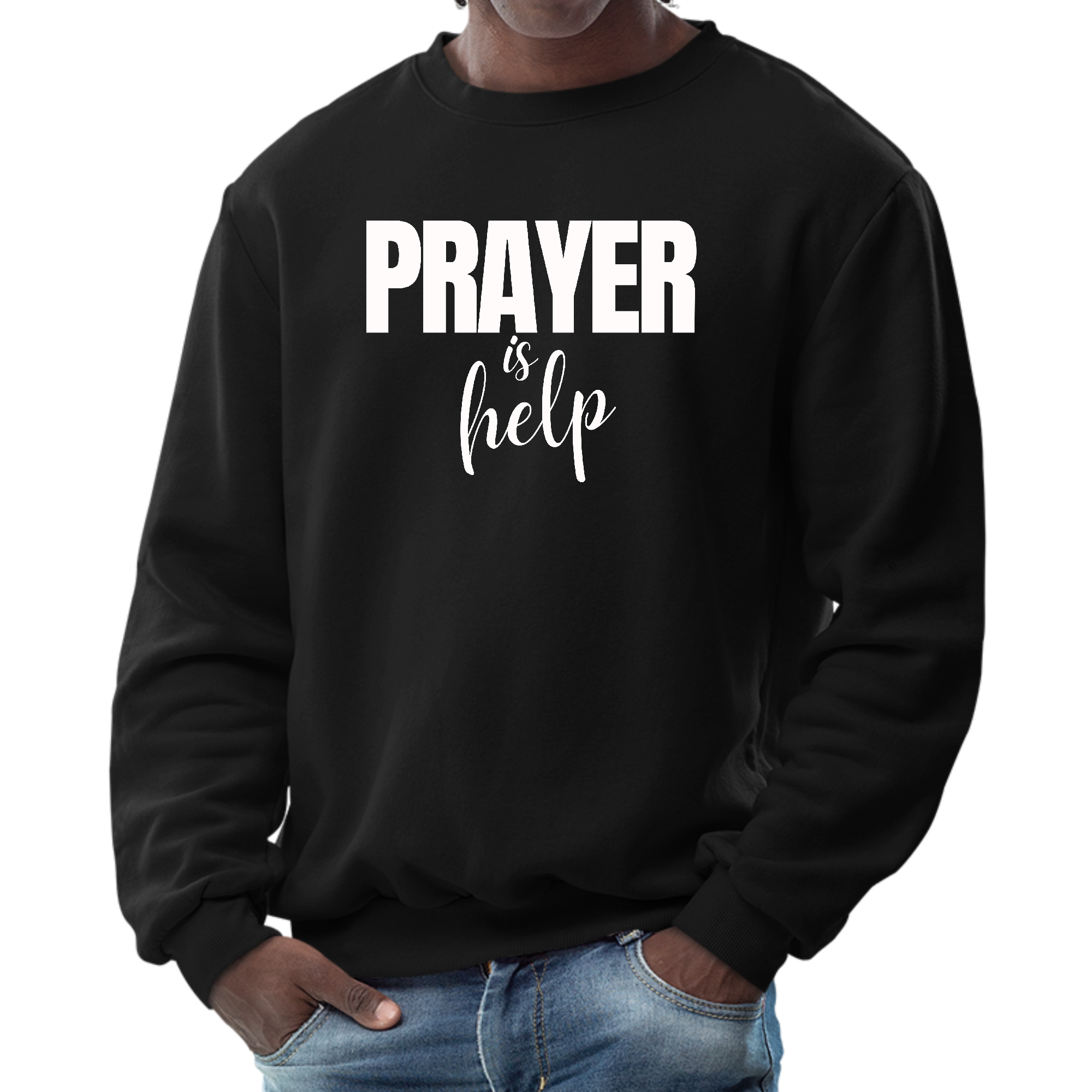 Mens Graphic Sweatshirt featuring the phrase 'Prayer is Help' in an inspirational design, showcasing a cozy fleece material and classic crewneck style.