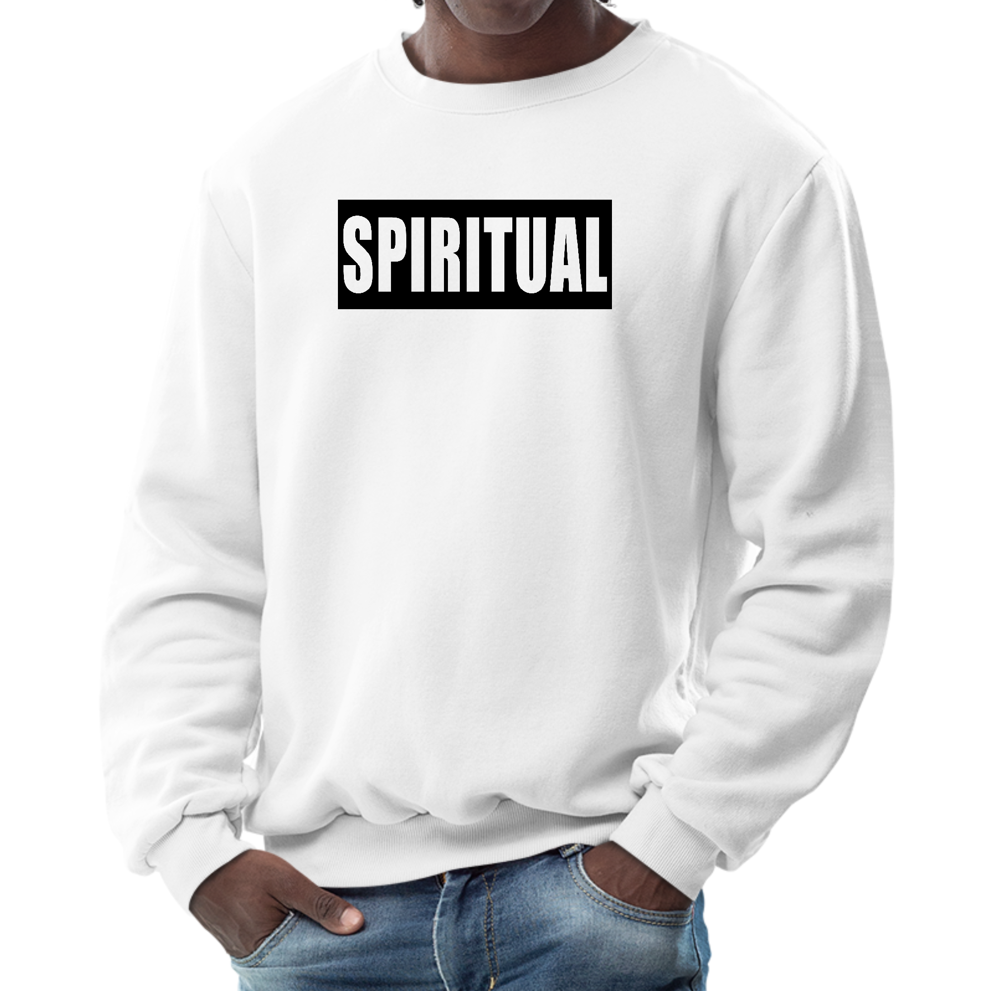 Men's Graphic Sweatshirt featuring a Spiritual Black Colorblock Illustration, showcasing a stylish and comfortable design.