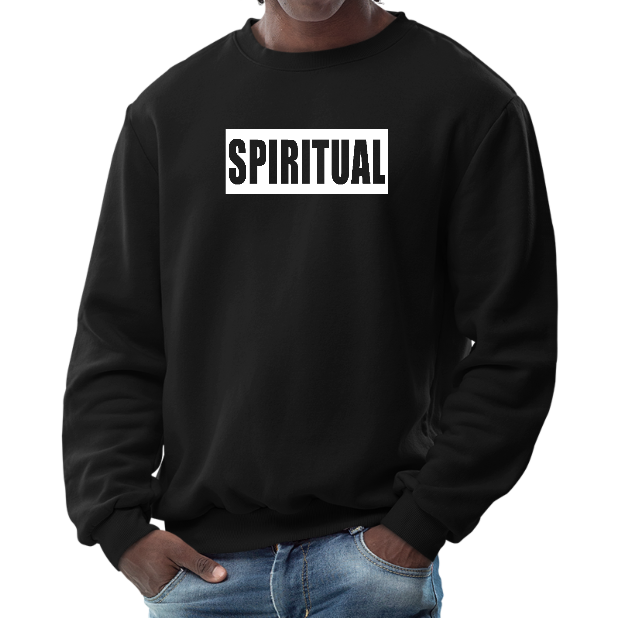 Men's Graphic Sweatshirt in Spiritual White Colorblock Illustration, showcasing a stylish design with long sleeves and ribbed details.