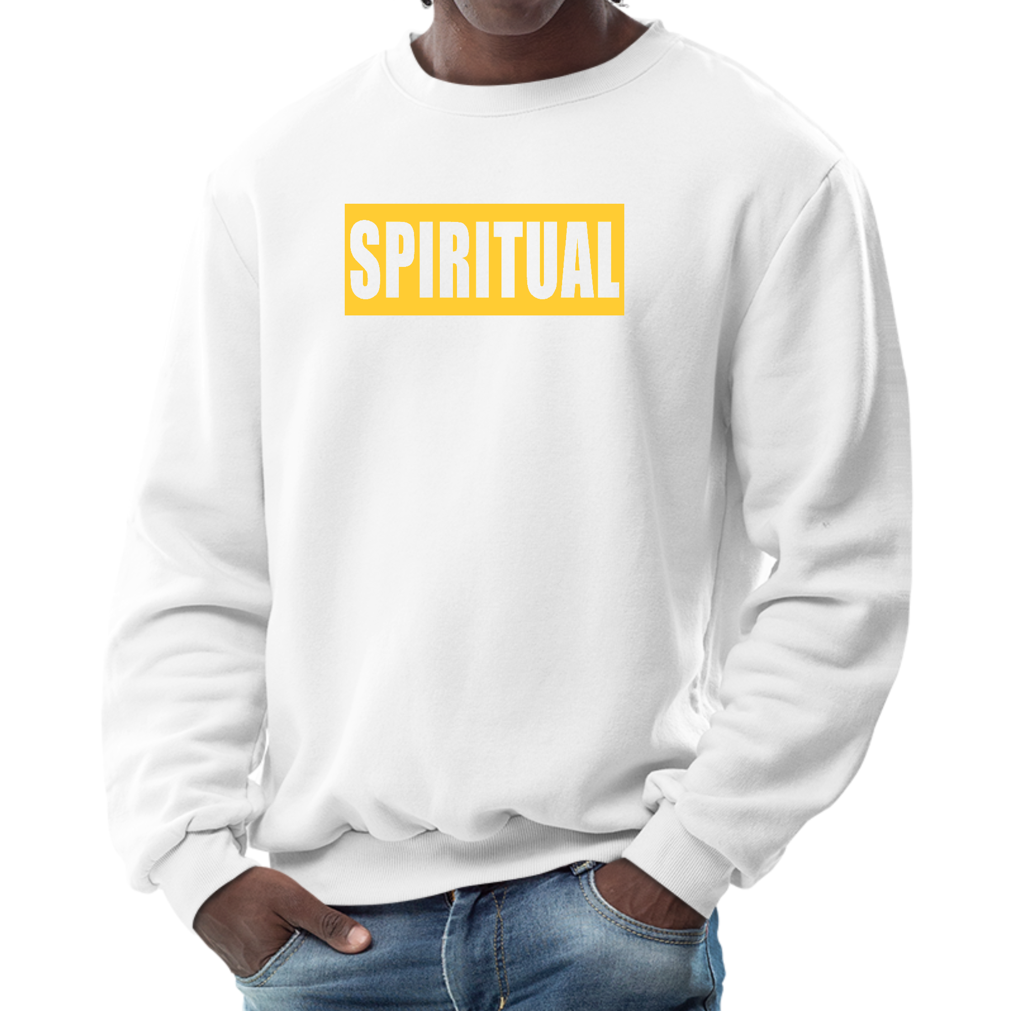 Men's Graphic Sweatshirt in Spiritual Yellow Gold Colorblock Illustration, showcasing a stylish design and comfortable fit.