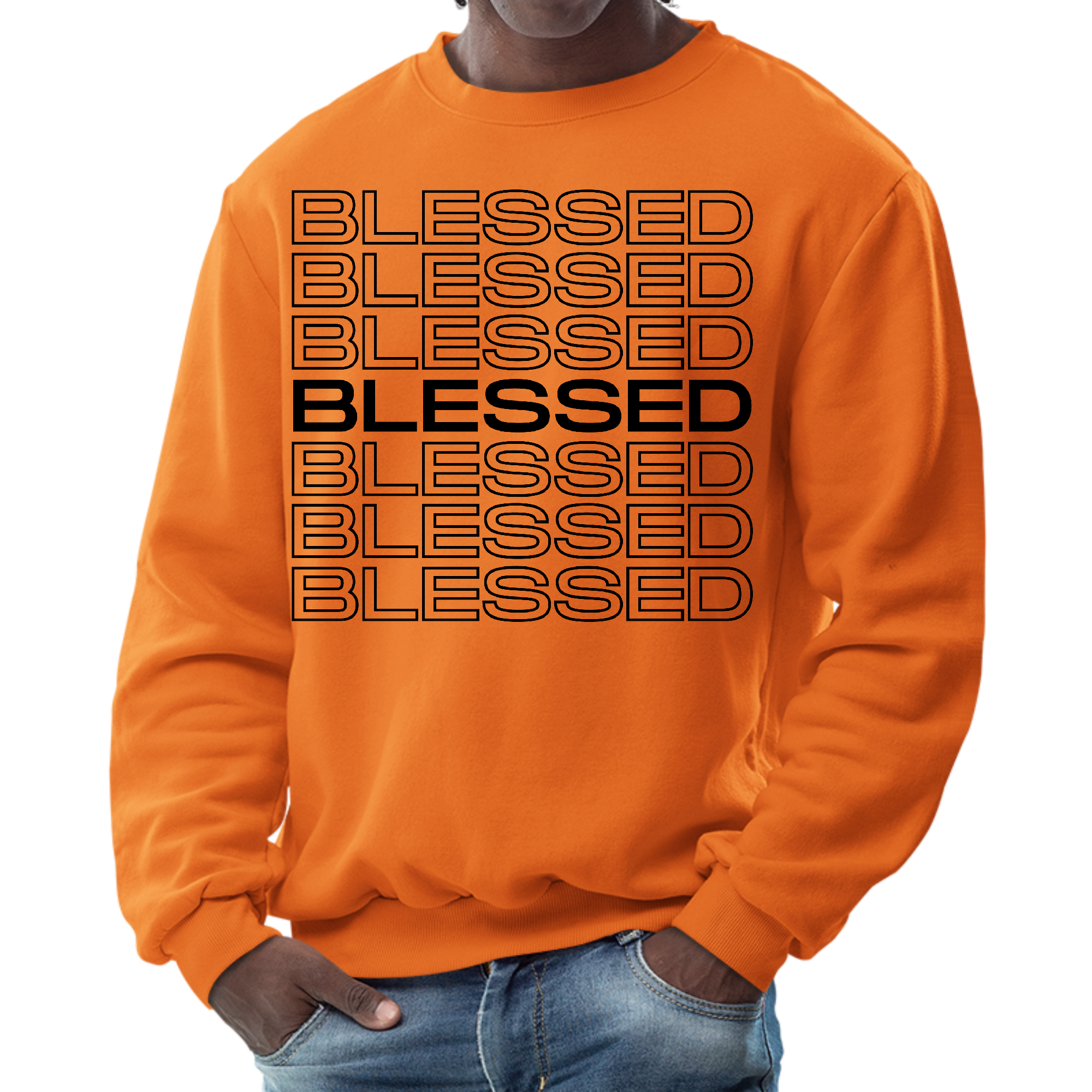 Men's black graphic sweatshirt featuring a Stacked Blessed Print, showcasing a stylish and inspirational design.