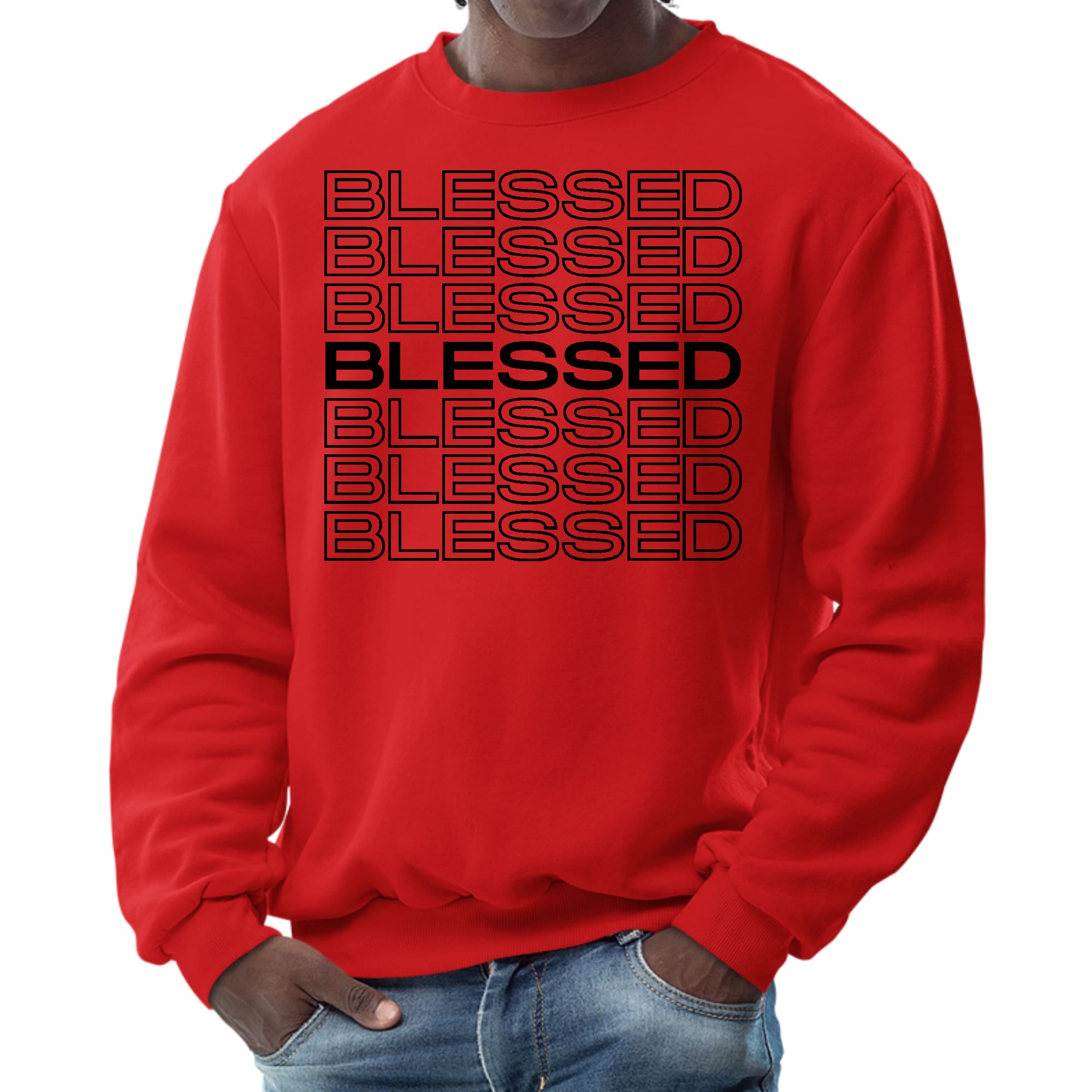 Men's black graphic sweatshirt featuring a Stacked Blessed Print, showcasing a stylish and inspirational design.