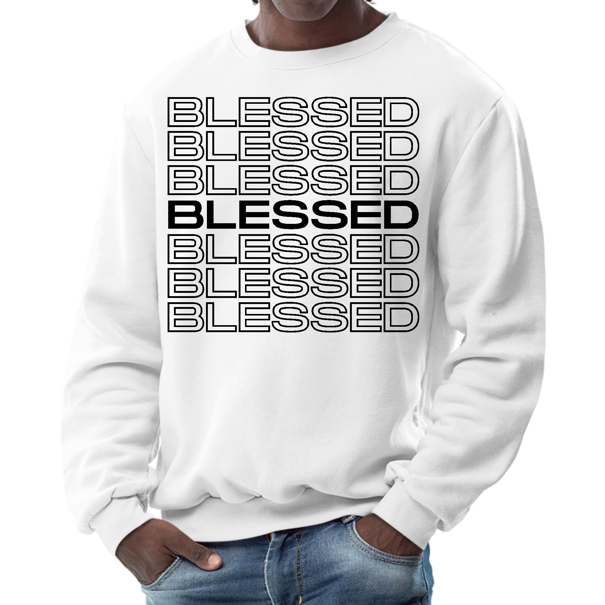 Men's black graphic sweatshirt featuring a Stacked Blessed Print, showcasing a stylish and inspirational design.