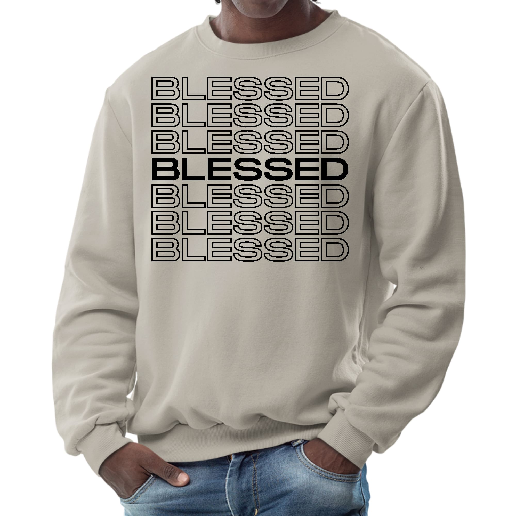 Men's black graphic sweatshirt featuring a Stacked Blessed Print, showcasing a stylish and inspirational design.