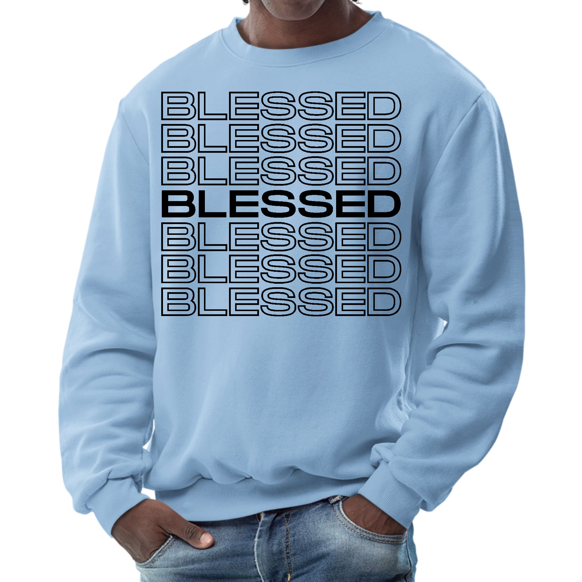 Men's black graphic sweatshirt featuring a Stacked Blessed Print, showcasing a stylish and inspirational design.