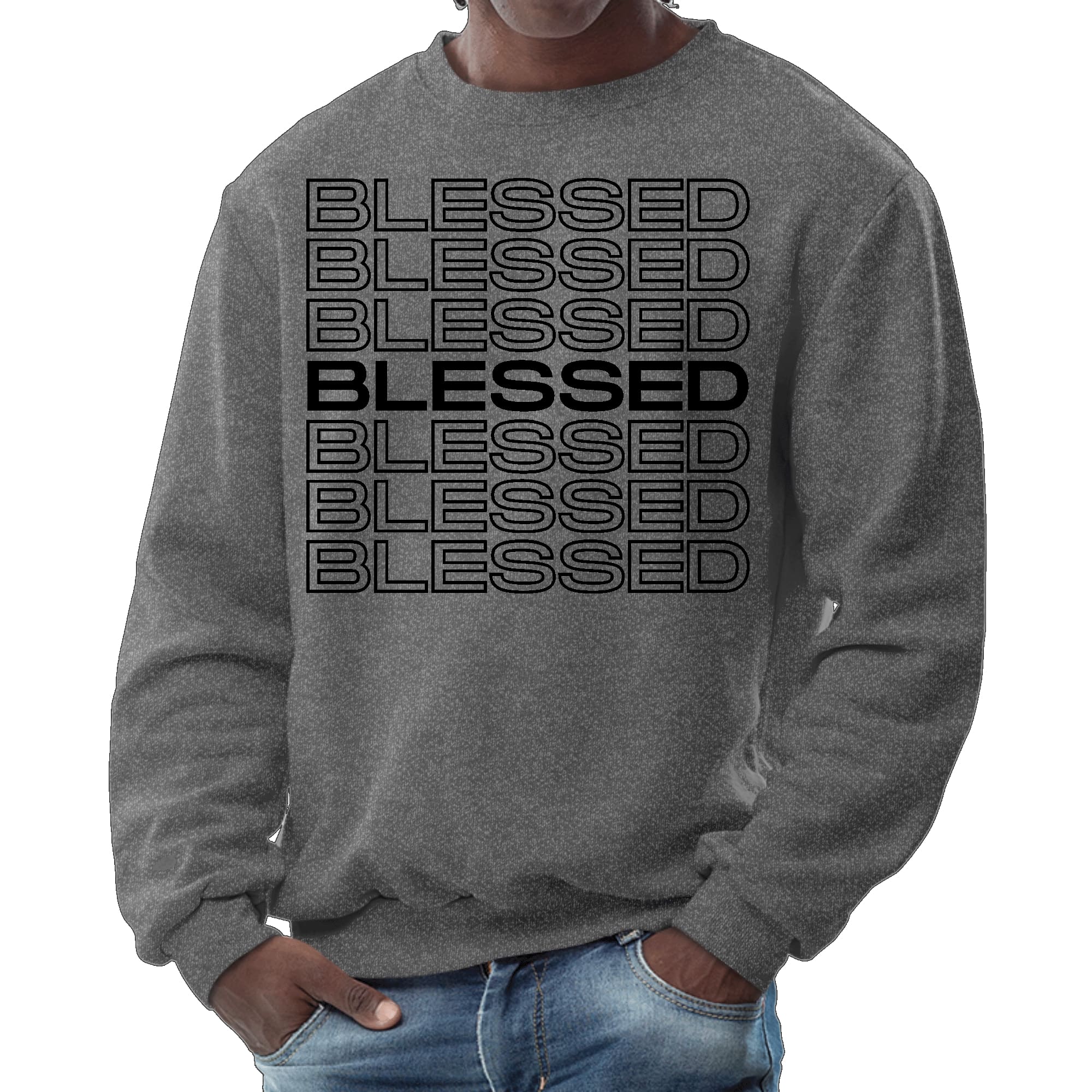 Men's black graphic sweatshirt featuring a Stacked Blessed Print, showcasing a stylish and inspirational design.