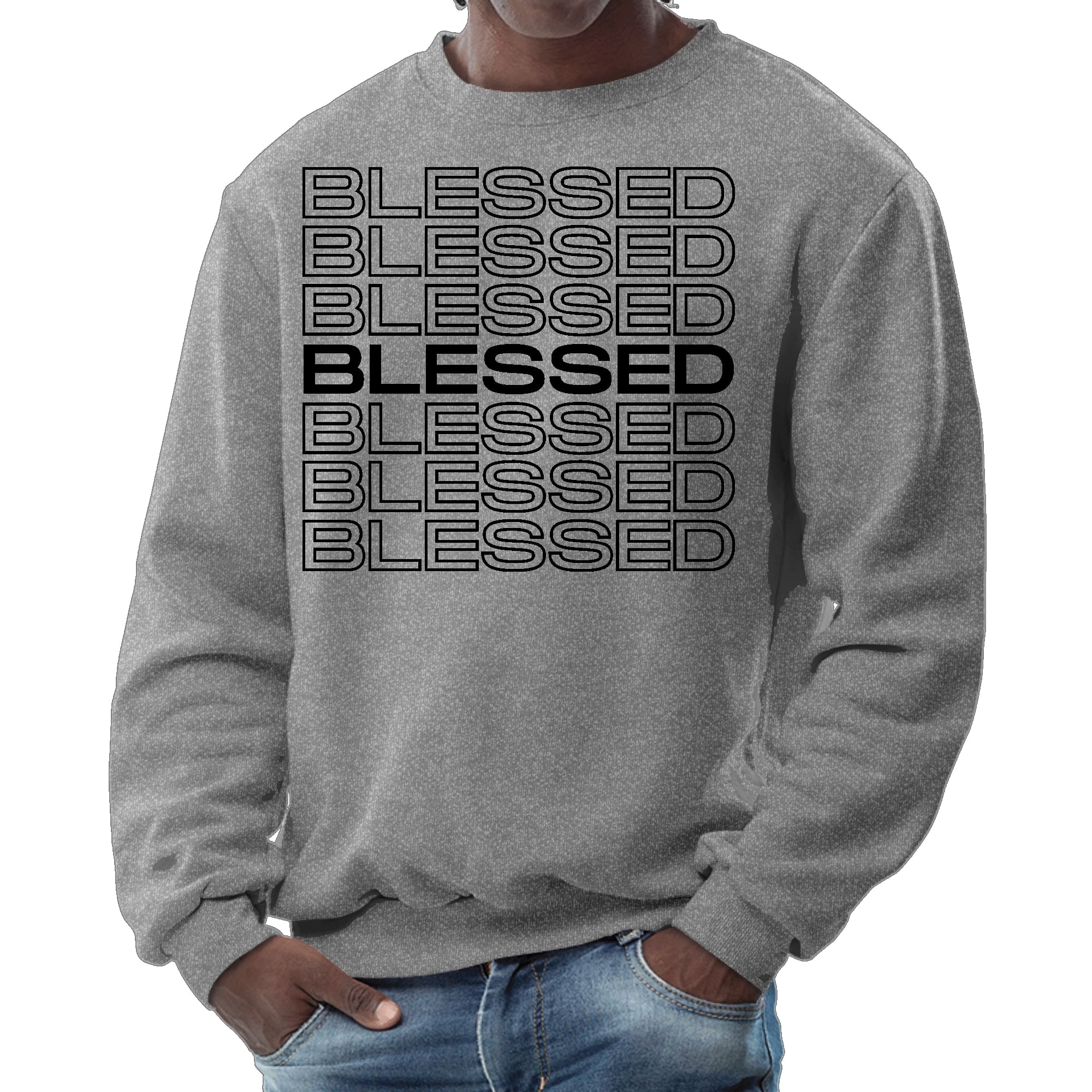 Men's black graphic sweatshirt featuring a Stacked Blessed Print, showcasing a stylish and inspirational design.