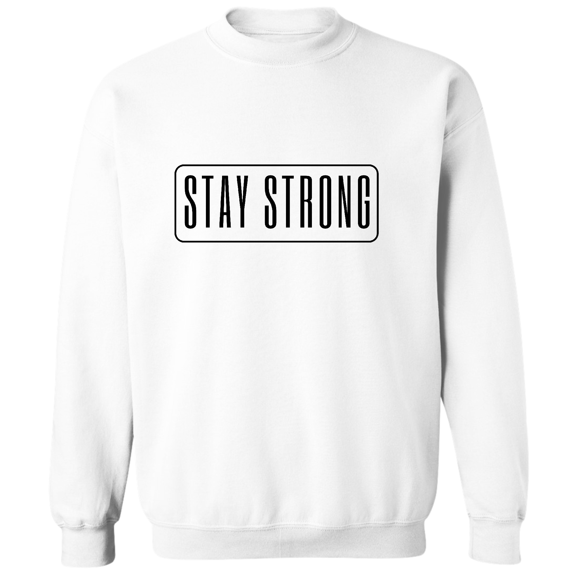 Men's black graphic sweatshirt featuring 'Stay Strong' motivational print, showcasing long sleeves and ribbed details.