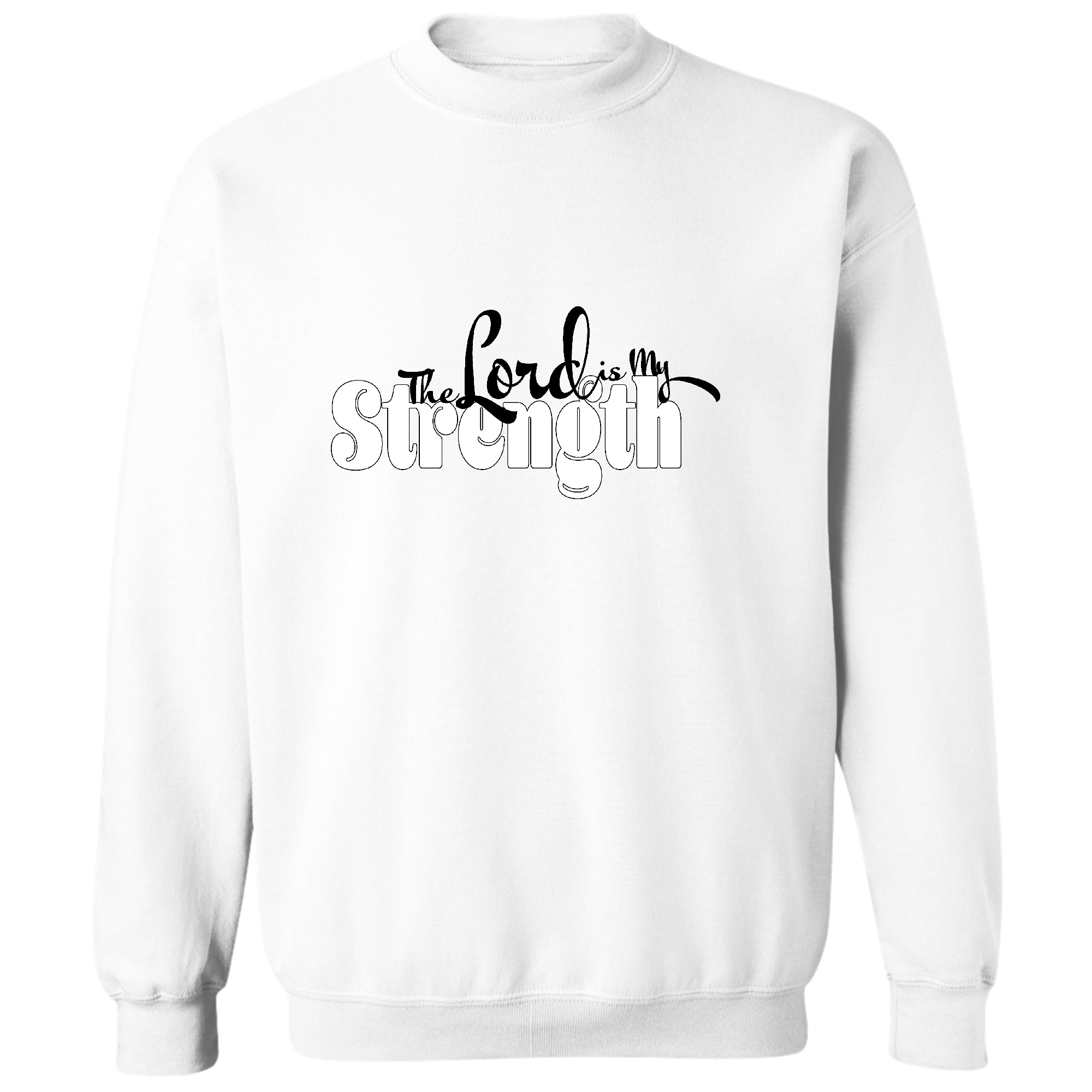 Men's graphic sweatshirt featuring 'The Lord is my Strength' print in black and white, showcasing a comfortable crewneck design.