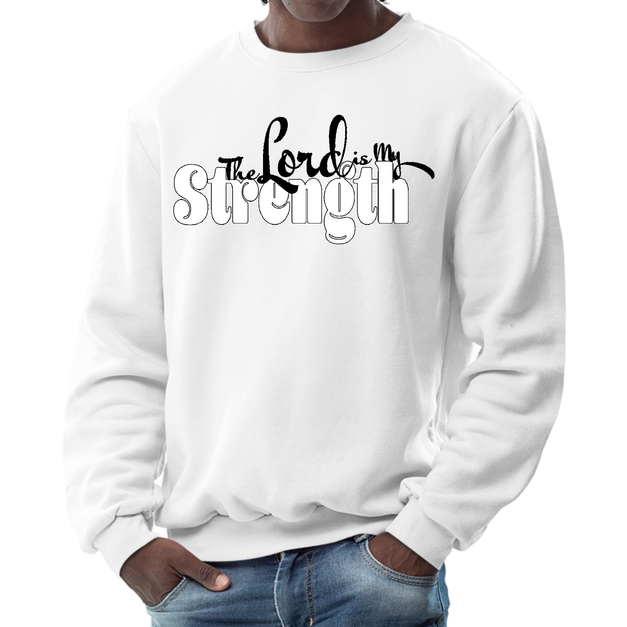 Men's graphic sweatshirt featuring 'The Lord is my Strength' print in black and white, showcasing a comfortable crewneck design.