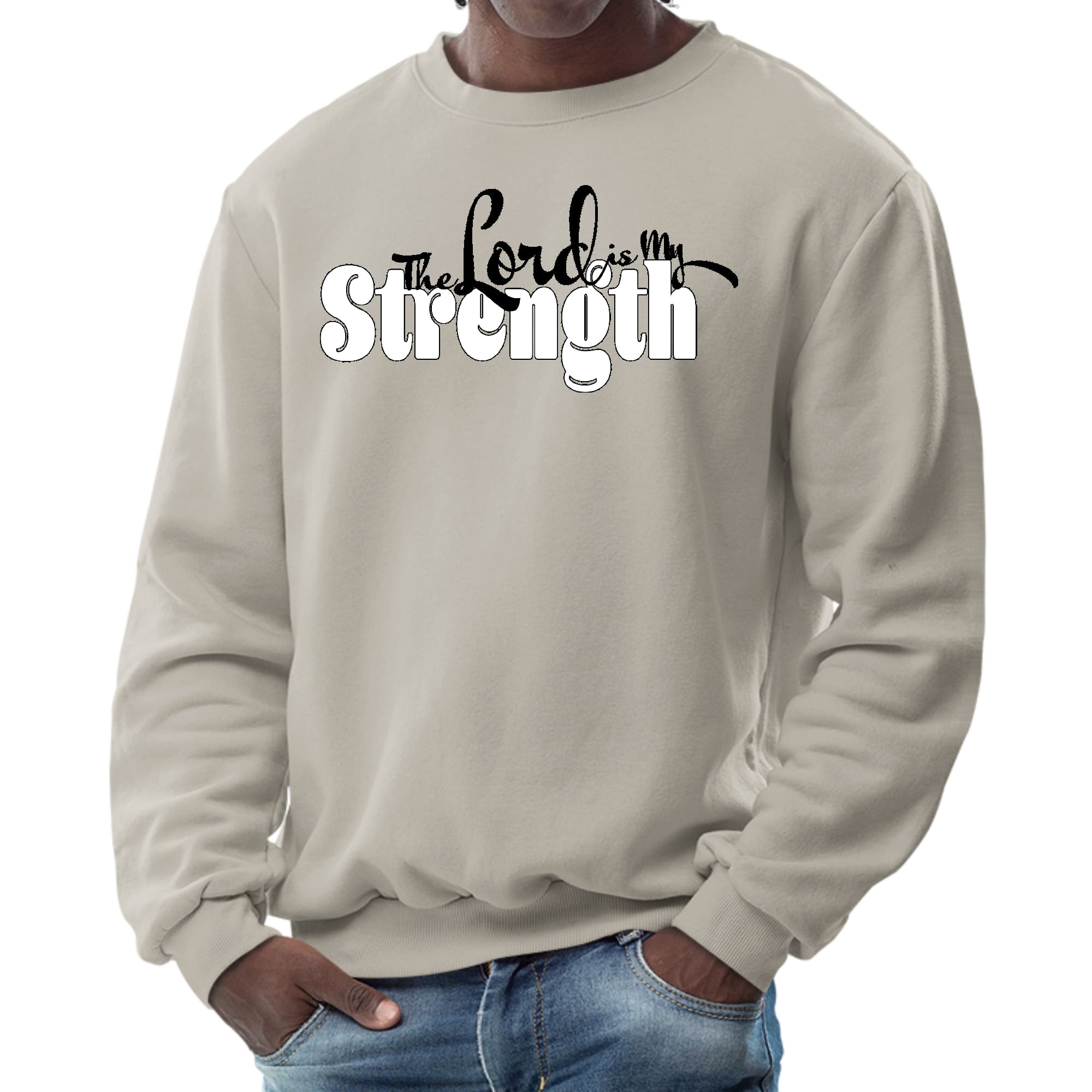 Men's graphic sweatshirt featuring 'The Lord is my Strength' print in black and white, showcasing a comfortable crewneck design.