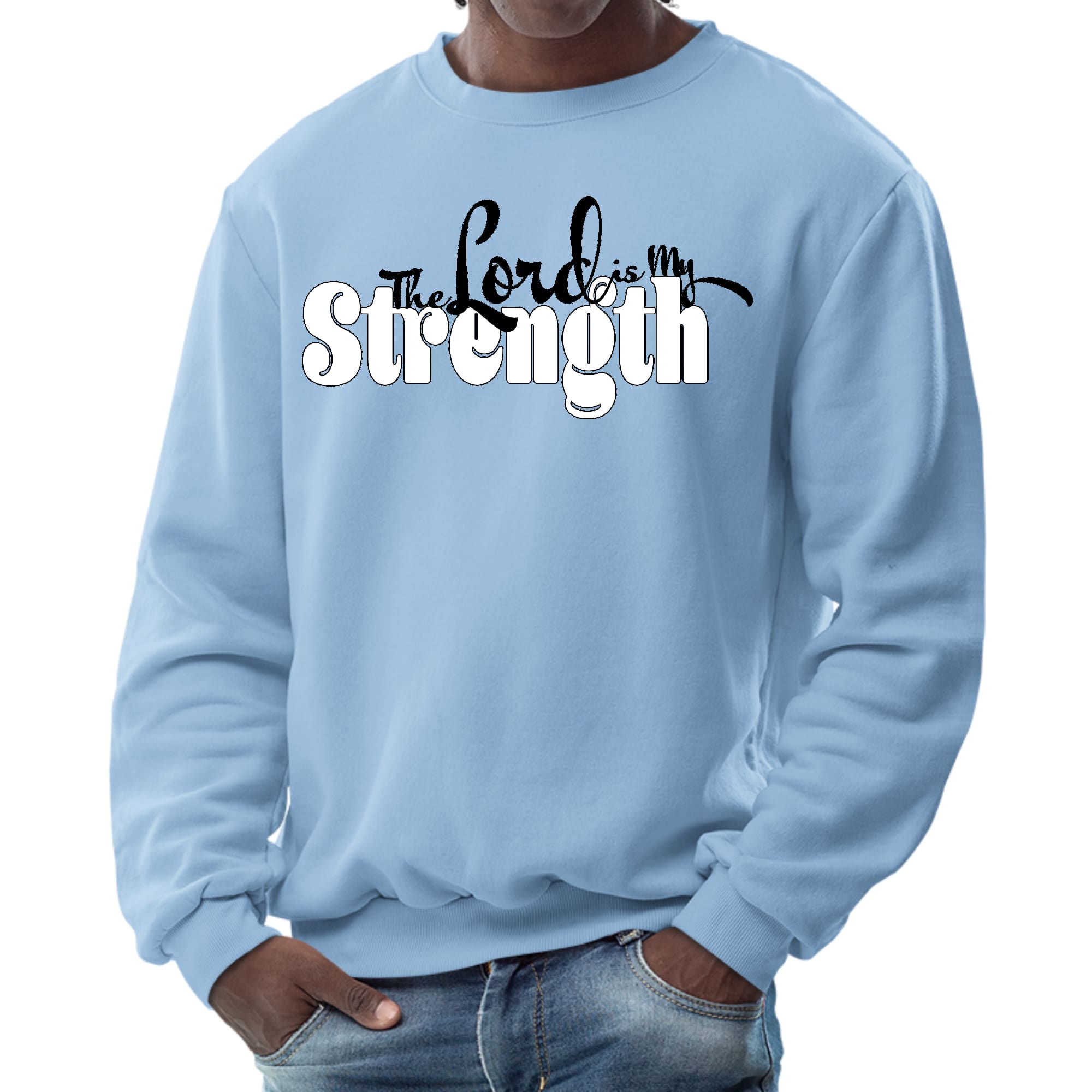 Men's graphic sweatshirt featuring 'The Lord is my Strength' print in black and white, showcasing a comfortable crewneck design.