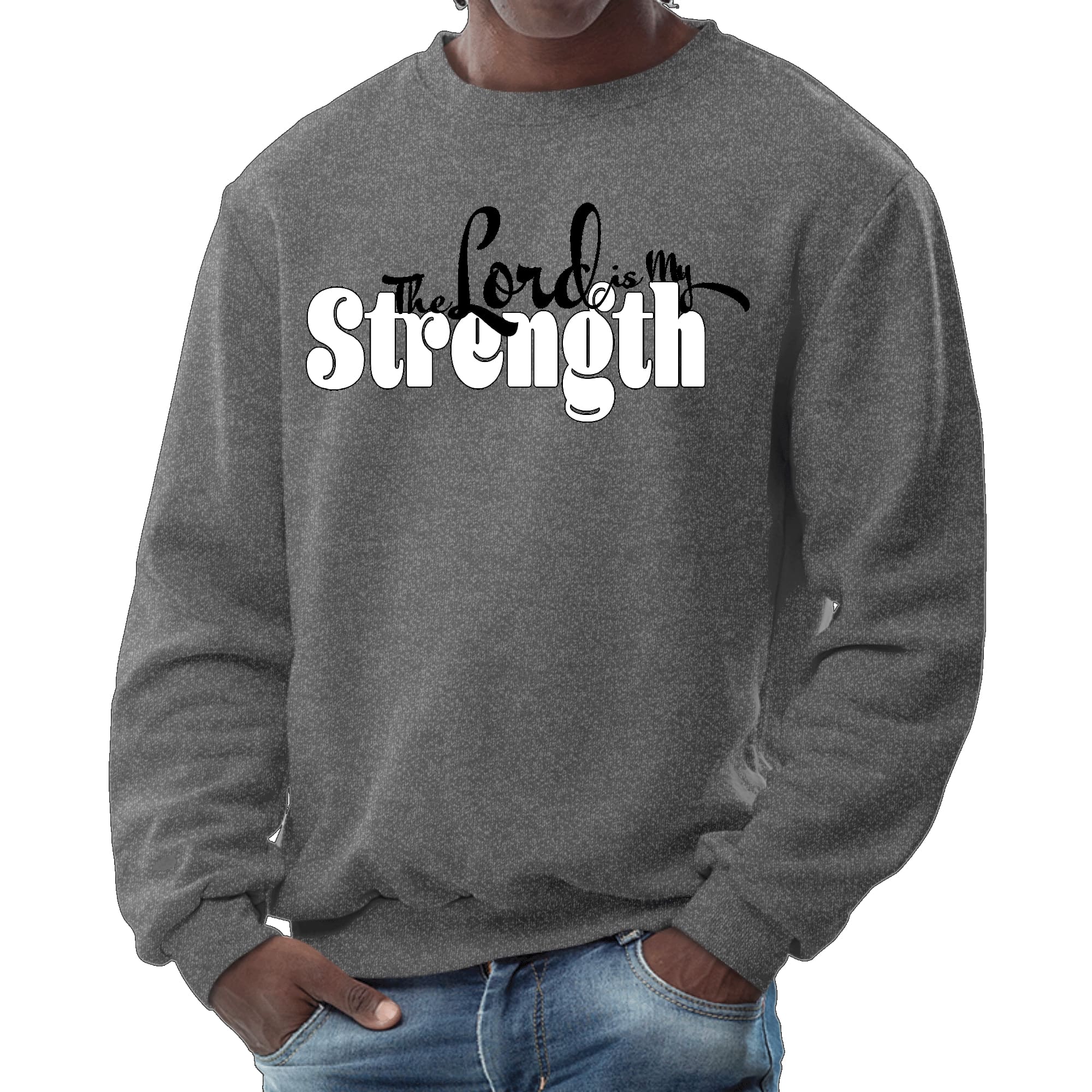 Men's graphic sweatshirt featuring 'The Lord is my Strength' print in black and white, showcasing a comfortable crewneck design.