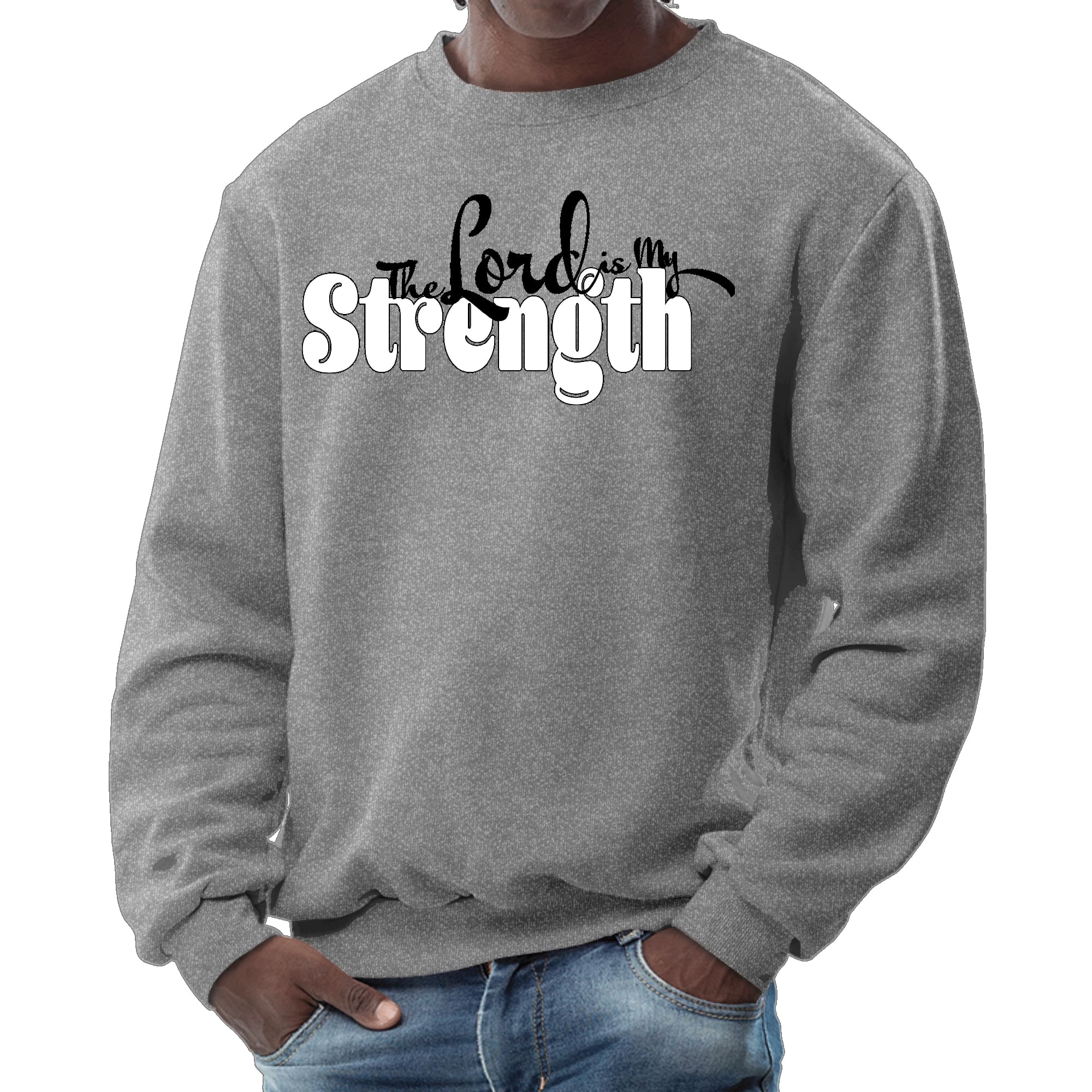 Men's graphic sweatshirt featuring 'The Lord is my Strength' print in black and white, showcasing a comfortable crewneck design.