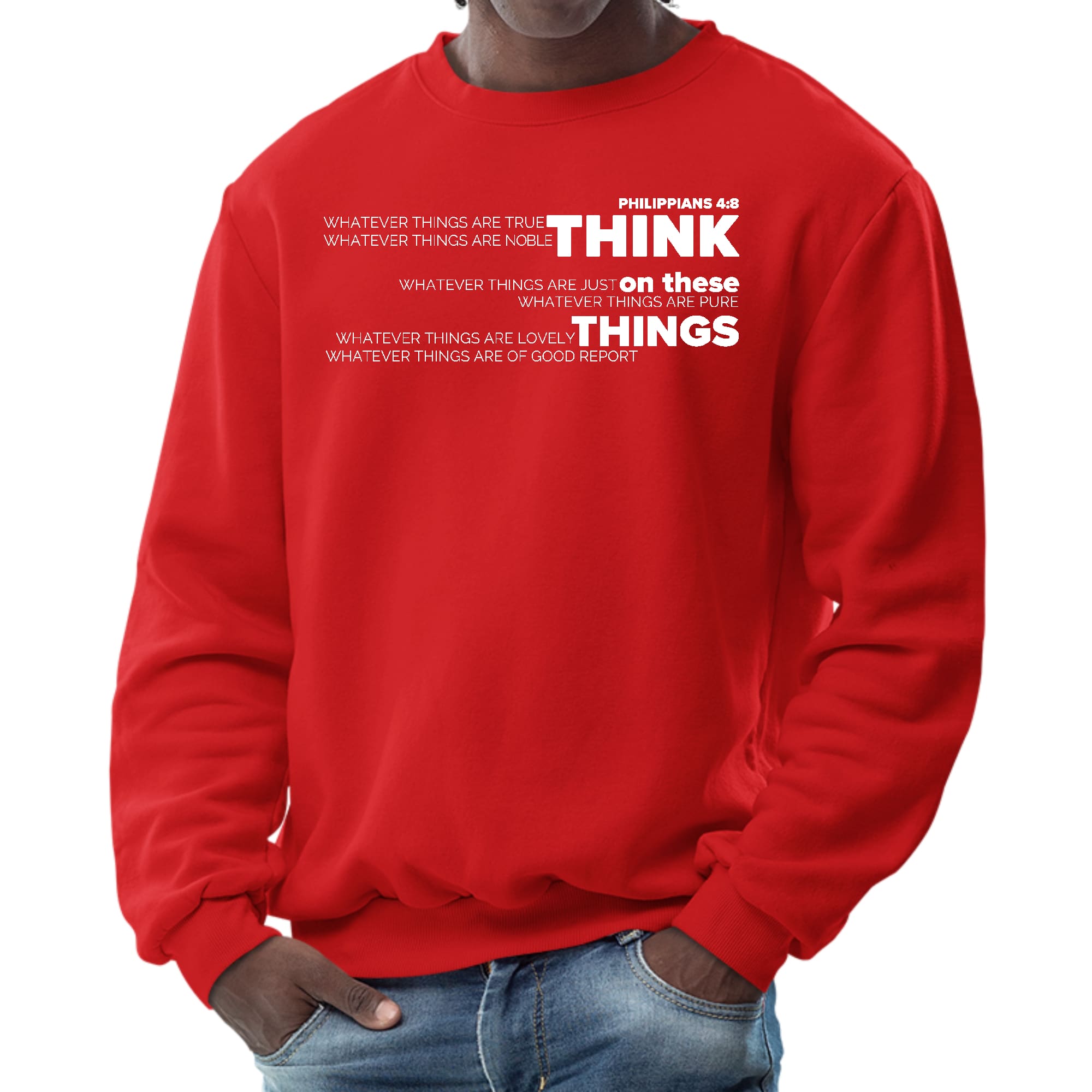 Men's Graphic Sweatshirt in grey featuring the 'Think On These Things' scripture quote, designed for comfort and durability.