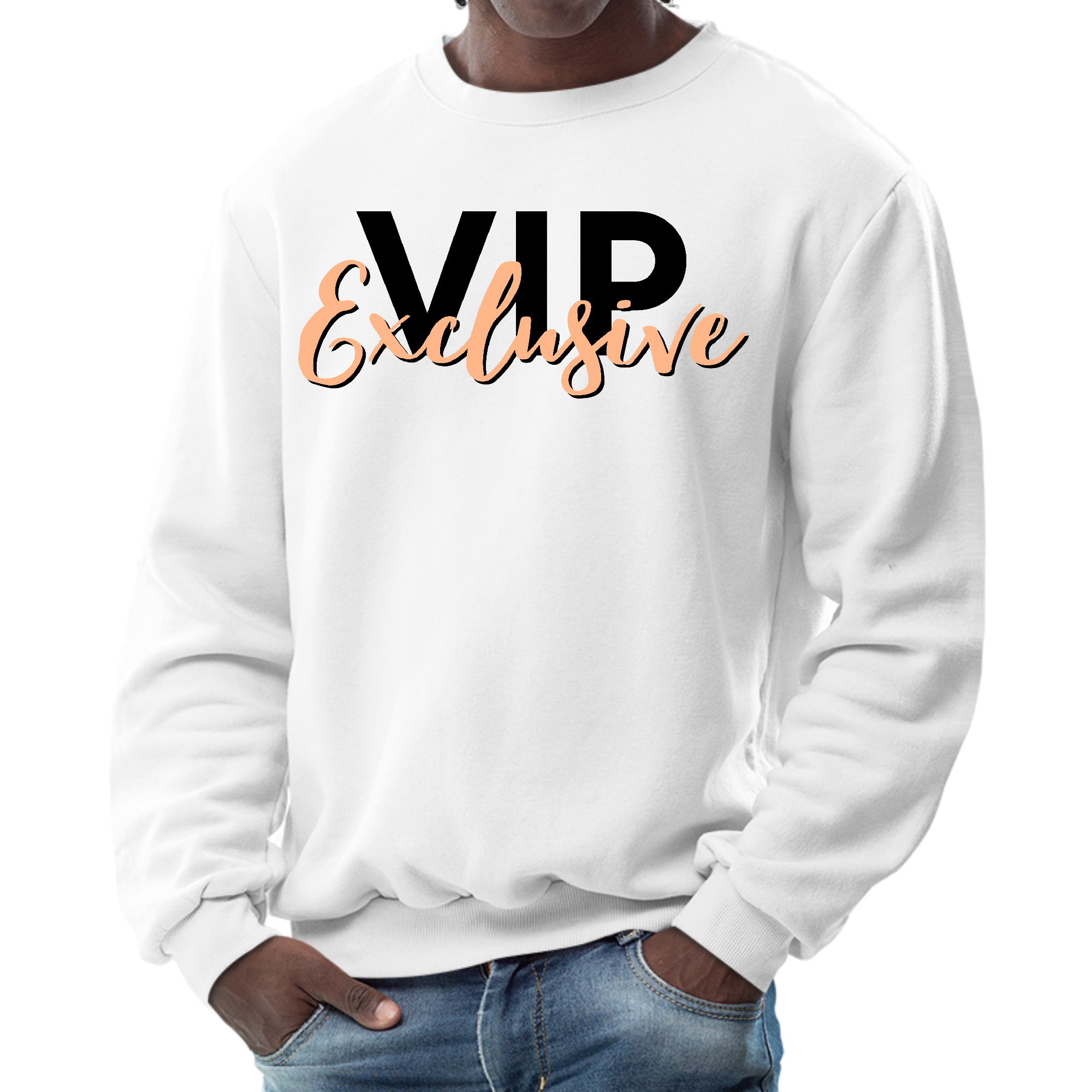 Mens Graphic Sweatshirt in Black and Beige with affirmation design, featuring long sleeves and ribbed collar.