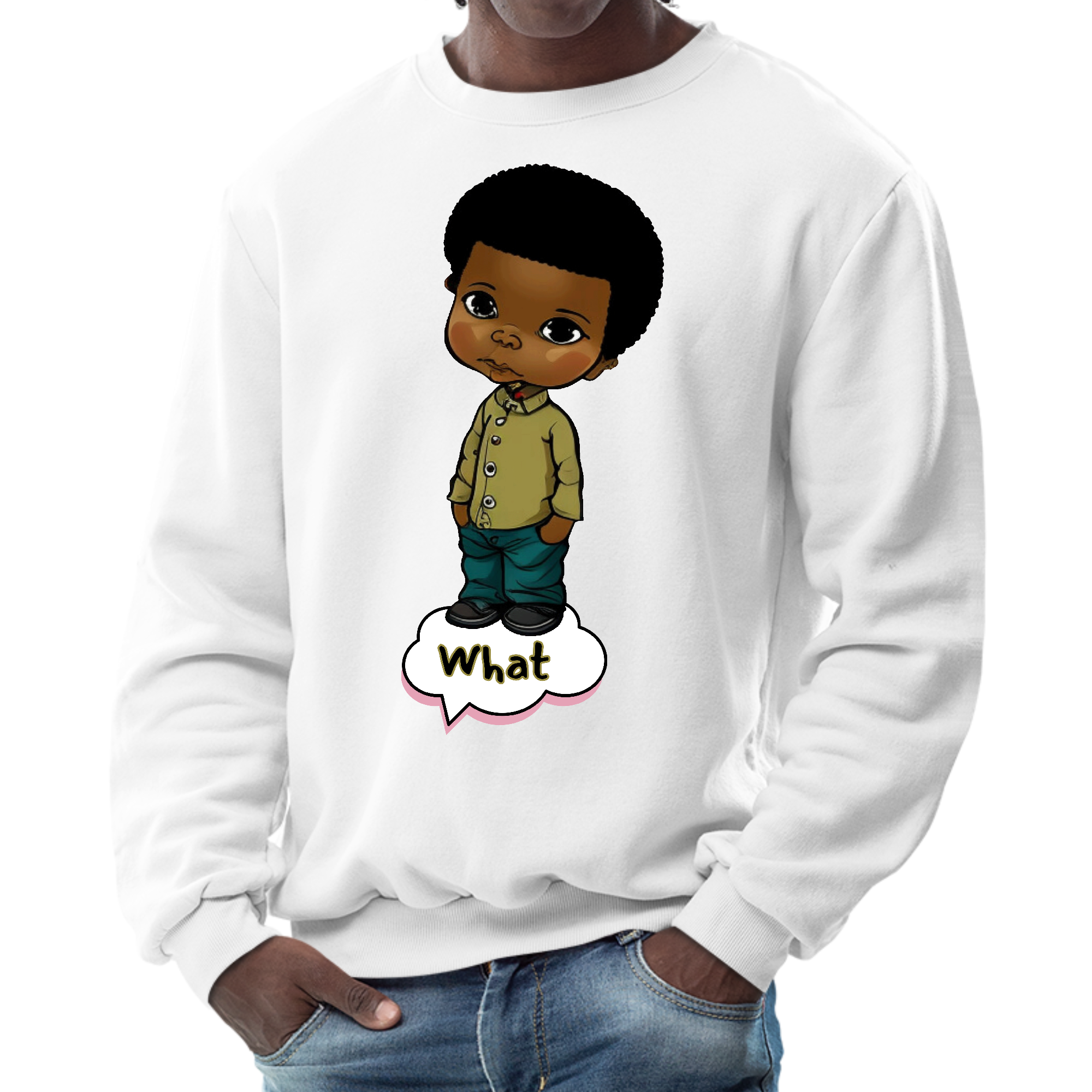 Men's graphic sweatshirt featuring African American boy illustration art, showcasing a stylish design and comfortable fit.