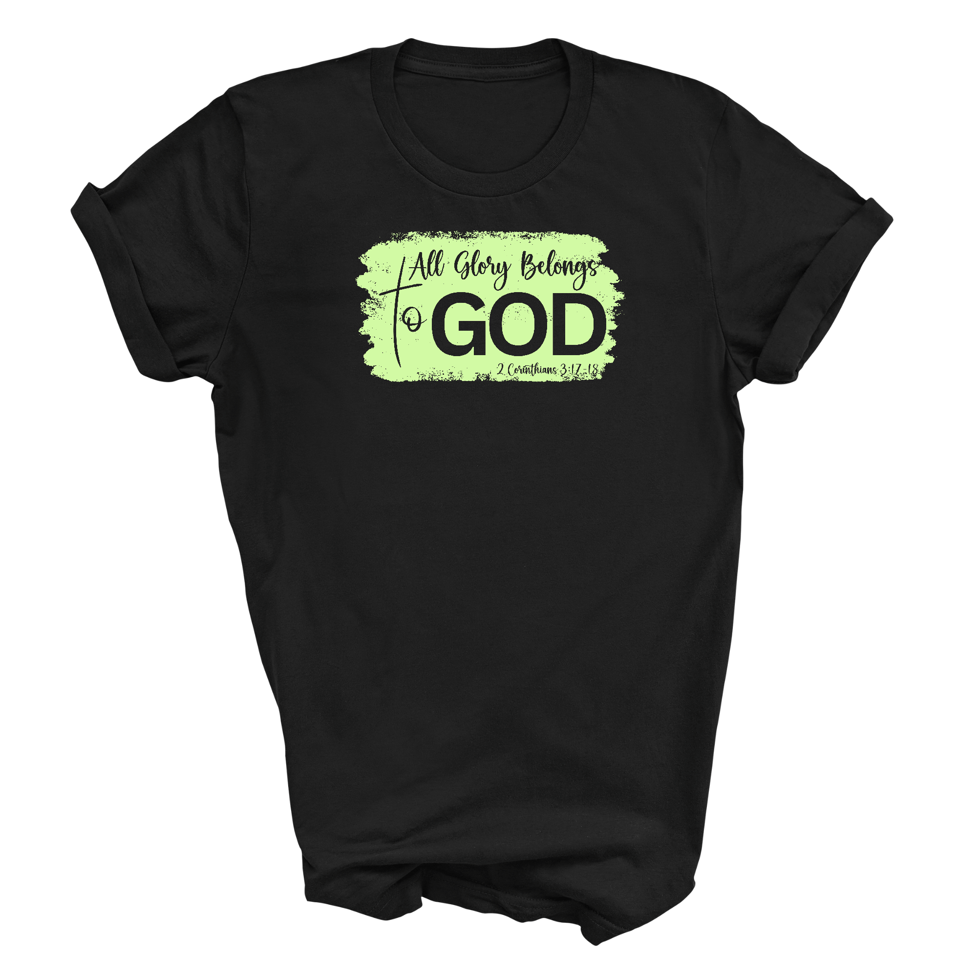 Men's Graphic T-shirt featuring 'All Glory Belongs to God' in neon colors, made from soft preshrunk cotton, available in sizes S-5XL.