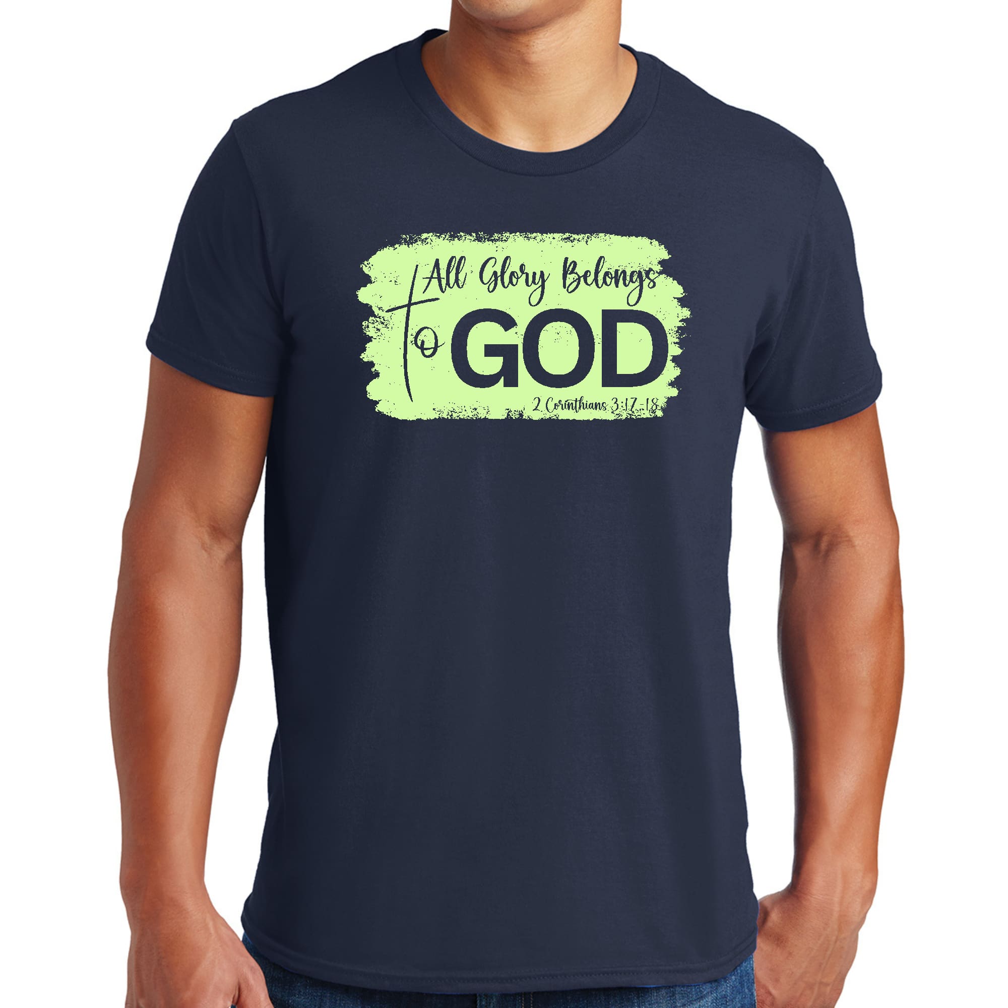 Men's Graphic T-shirt featuring 'All Glory Belongs to God' in neon colors, made from soft preshrunk cotton, available in sizes S-5XL.