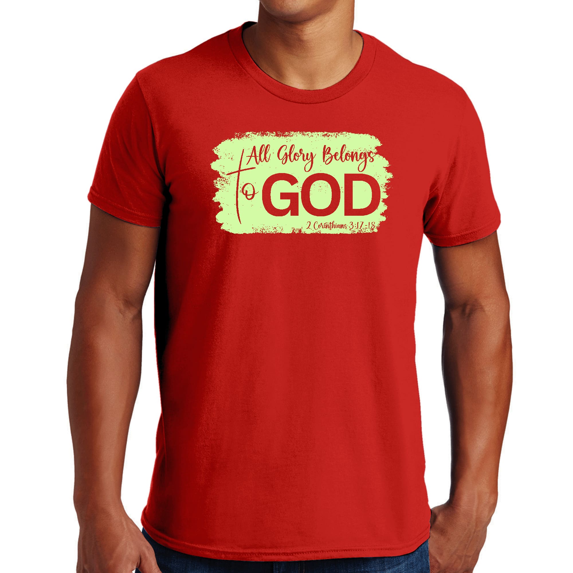 Men's Graphic T-shirt featuring 'All Glory Belongs to God' in neon colors, made from soft preshrunk cotton, available in sizes S-5XL.