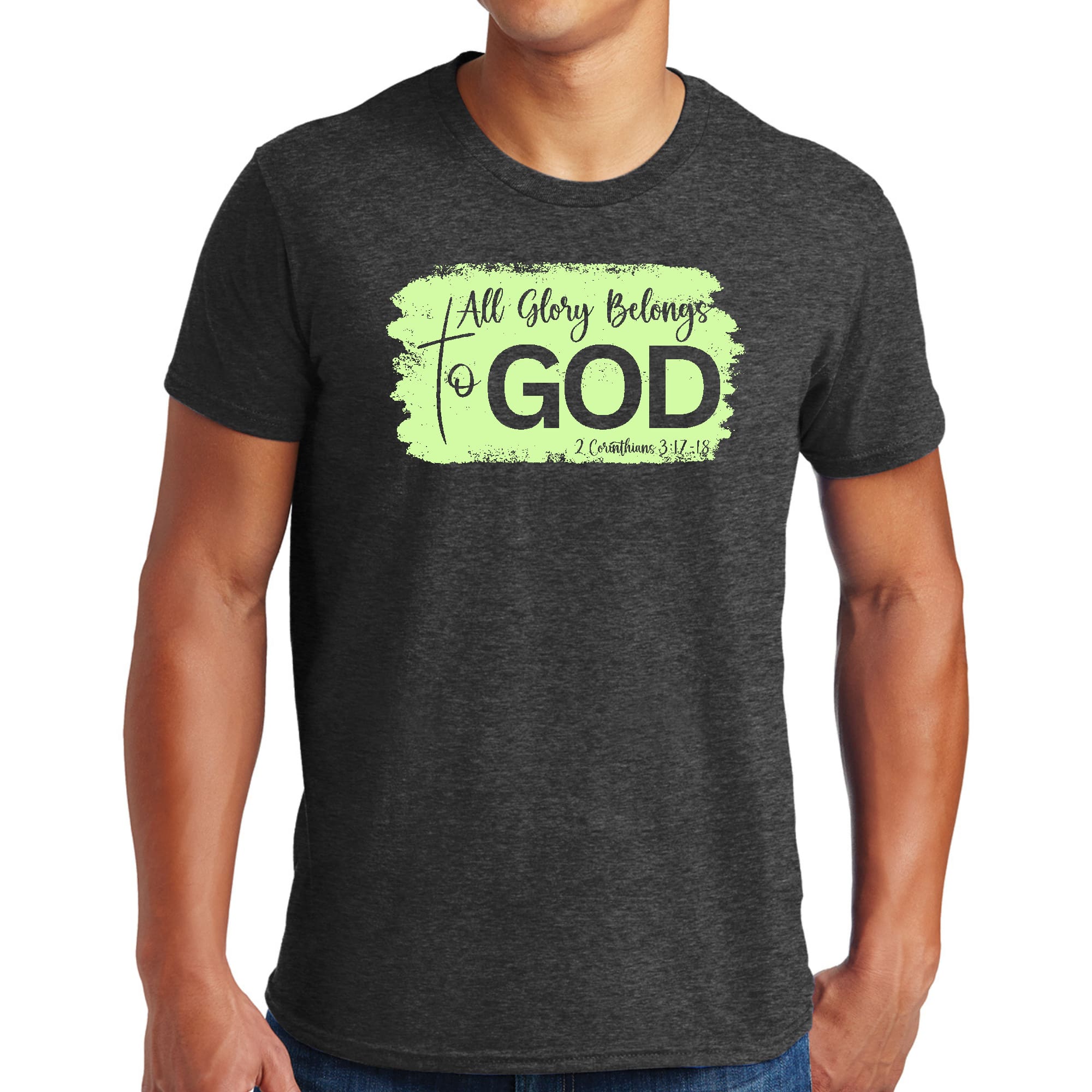 Men's Graphic T-shirt featuring 'All Glory Belongs to God' in neon colors, made from soft preshrunk cotton, available in sizes S-5XL.