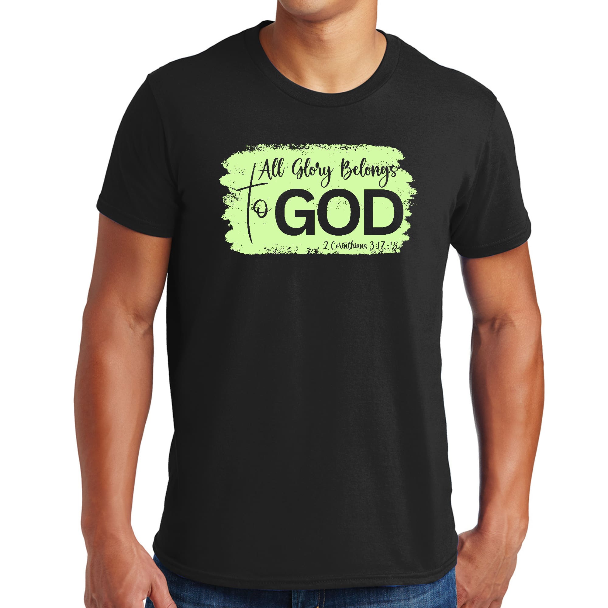 Men's Graphic T-shirt featuring 'All Glory Belongs to God' in neon colors, made from soft preshrunk cotton, available in sizes S-5XL.