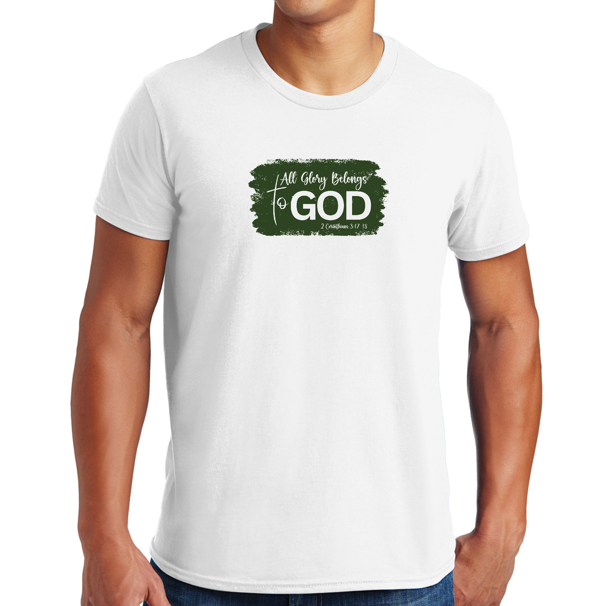 Men's dark green graphic t-shirt with 'All Glory Belongs to God' illustration, showcasing a modern and stylish design.