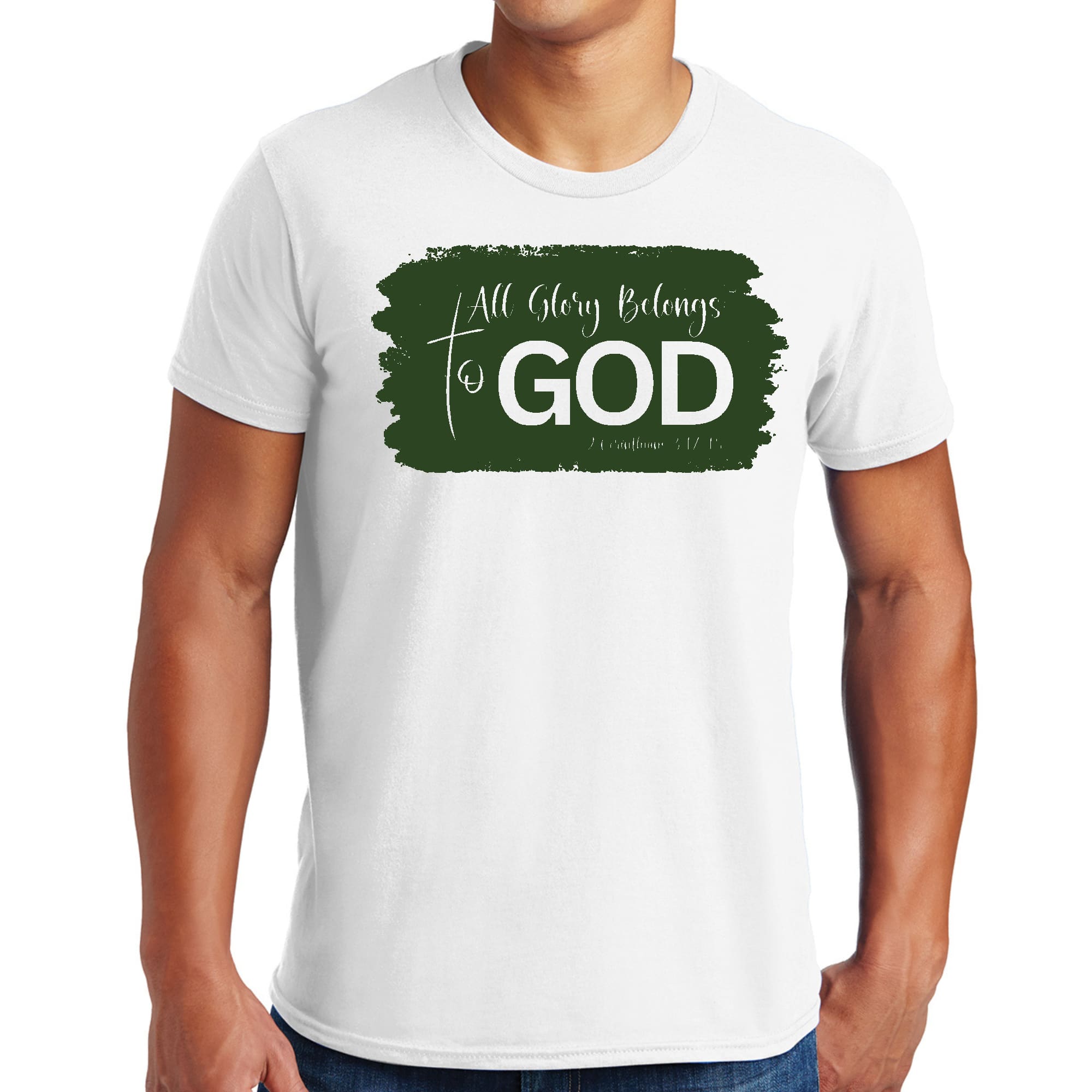 Men's dark green graphic t-shirt with 'All Glory Belongs to God' illustration, showcasing a modern and stylish design.