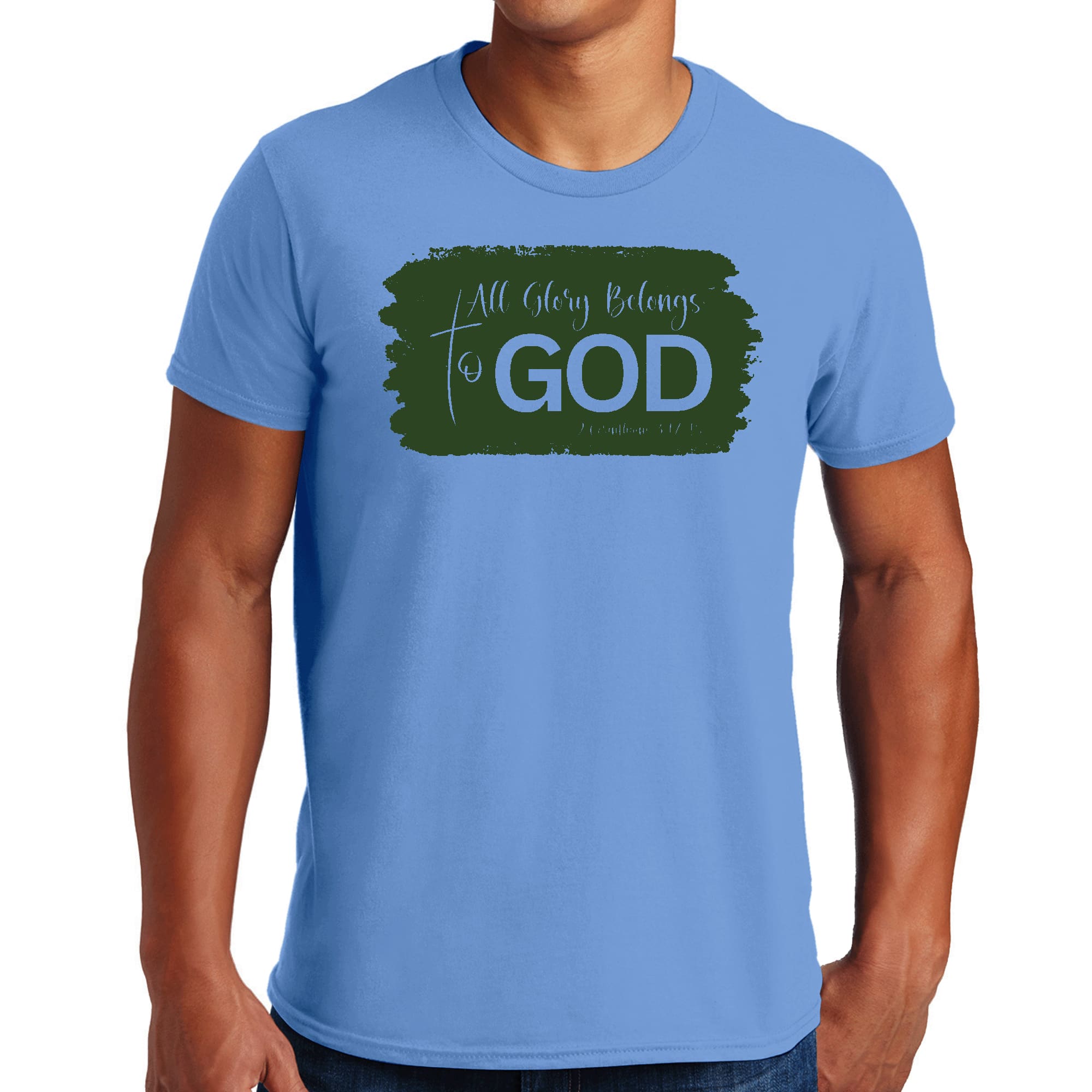 Men's dark green graphic t-shirt with 'All Glory Belongs to God' illustration, showcasing a modern and stylish design.