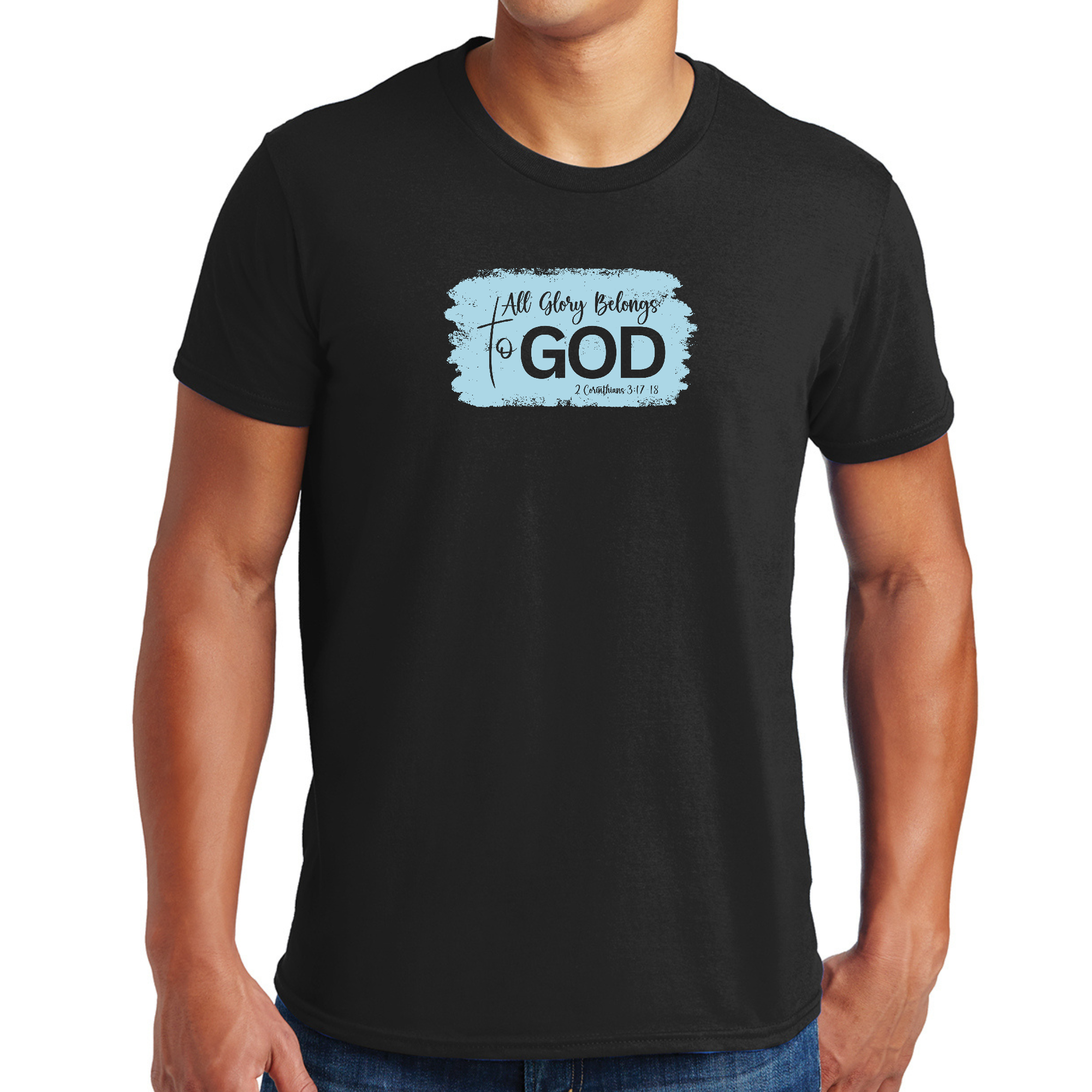 Men's light blue graphic t-shirt featuring 'All Glory Belongs to God' illustration, made from soft cotton fabric.