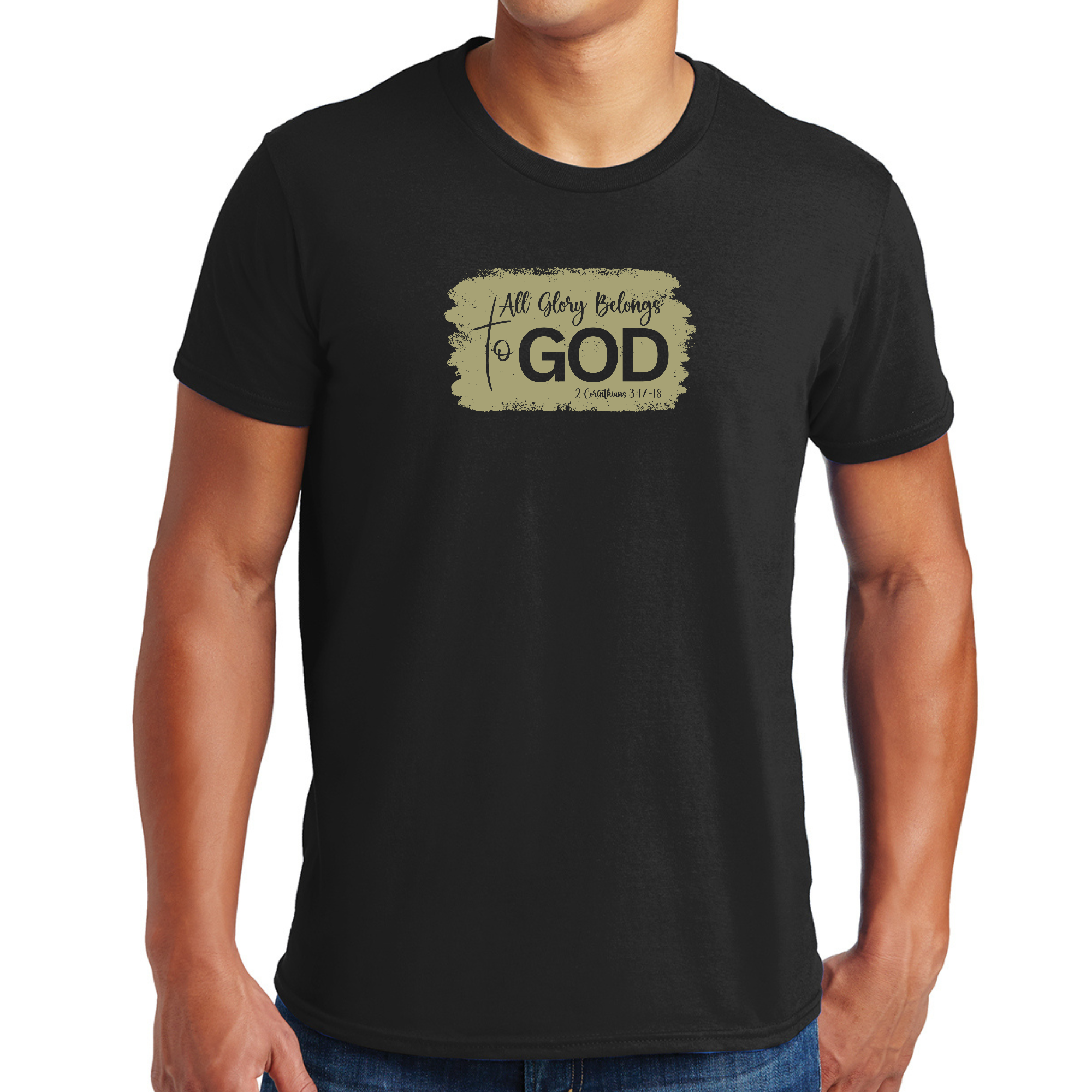 Men's olive green graphic t-shirt featuring 'All Glory Belongs to God' design, showcasing a modern and artistic style.