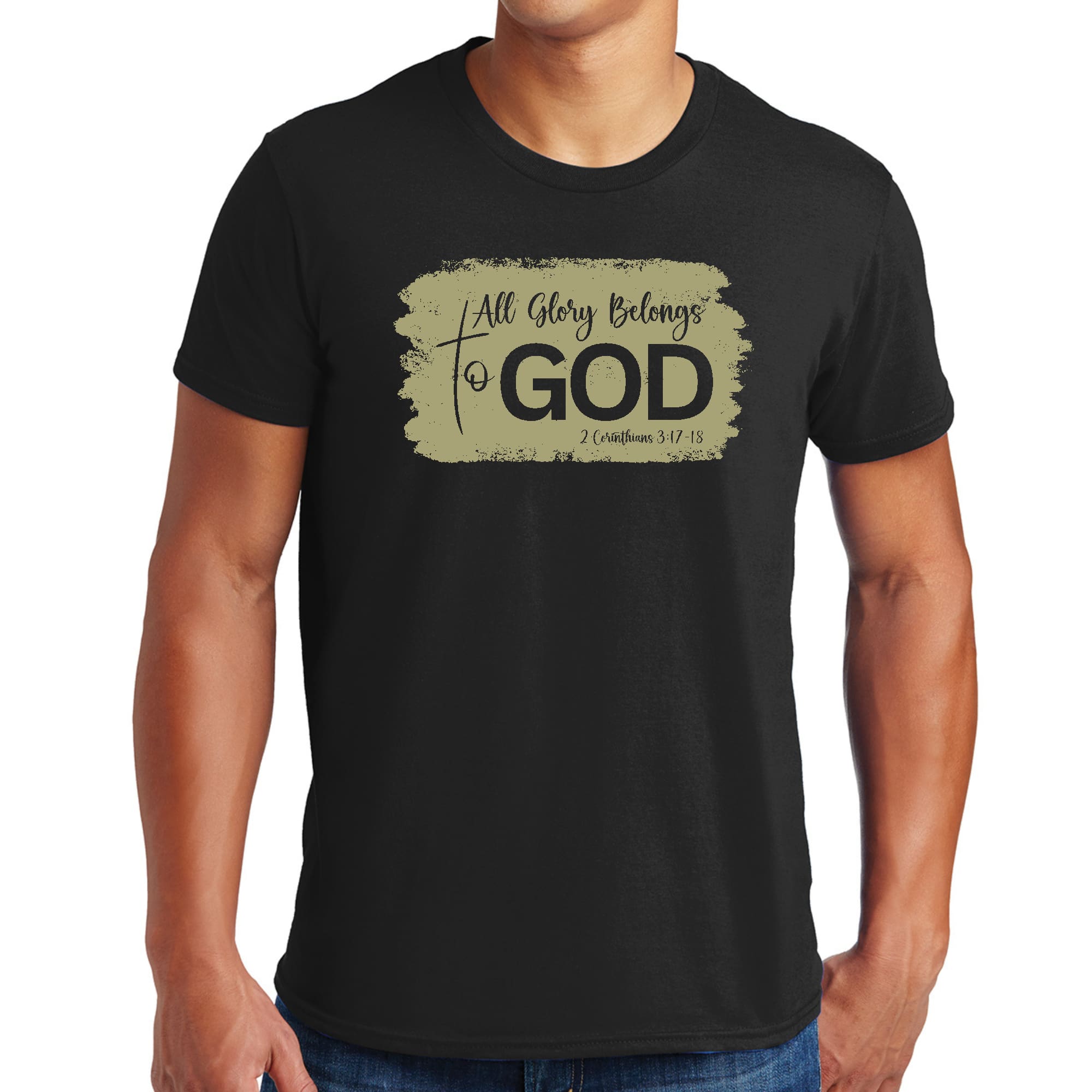 Men's olive green graphic t-shirt featuring 'All Glory Belongs to God' design, showcasing a modern and artistic style.