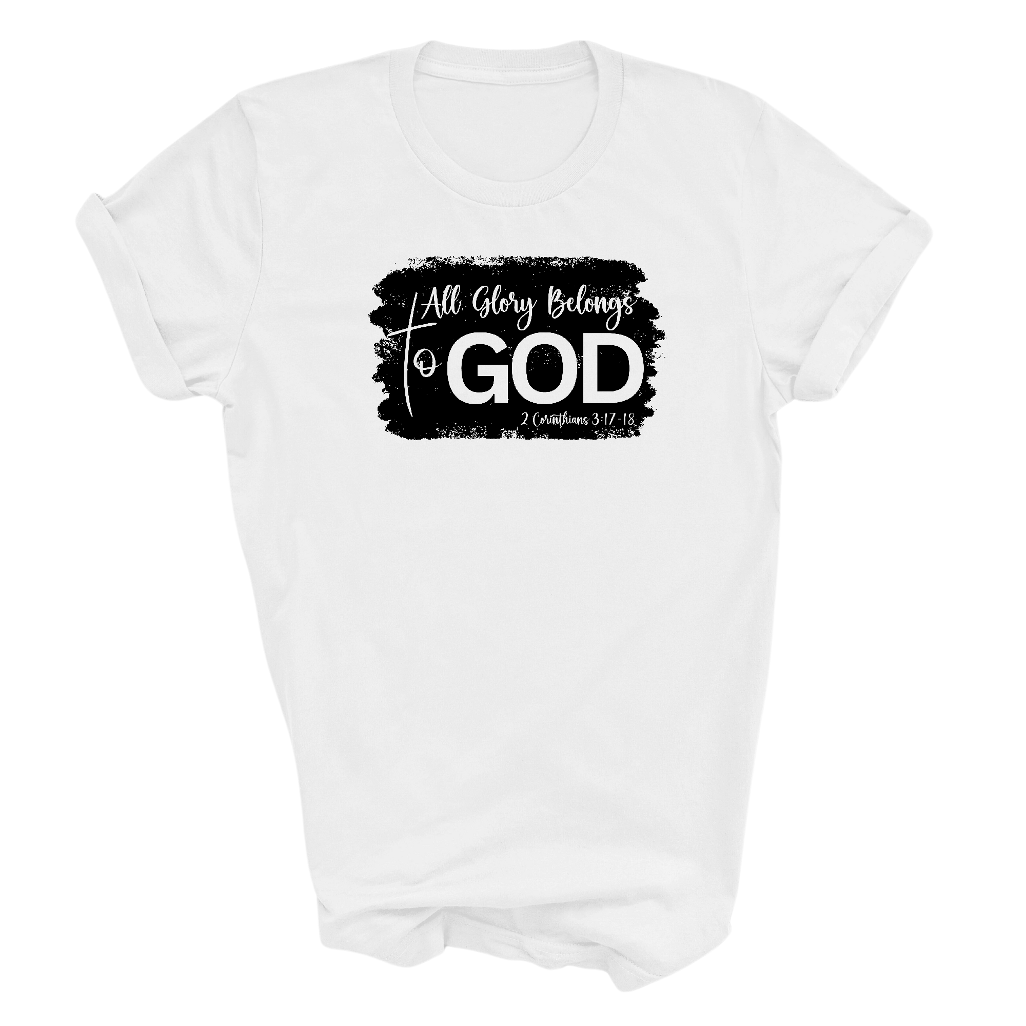 Men's black graphic T-shirt featuring 'All Glory Belongs to God' print, made from soft preshrunk cotton.