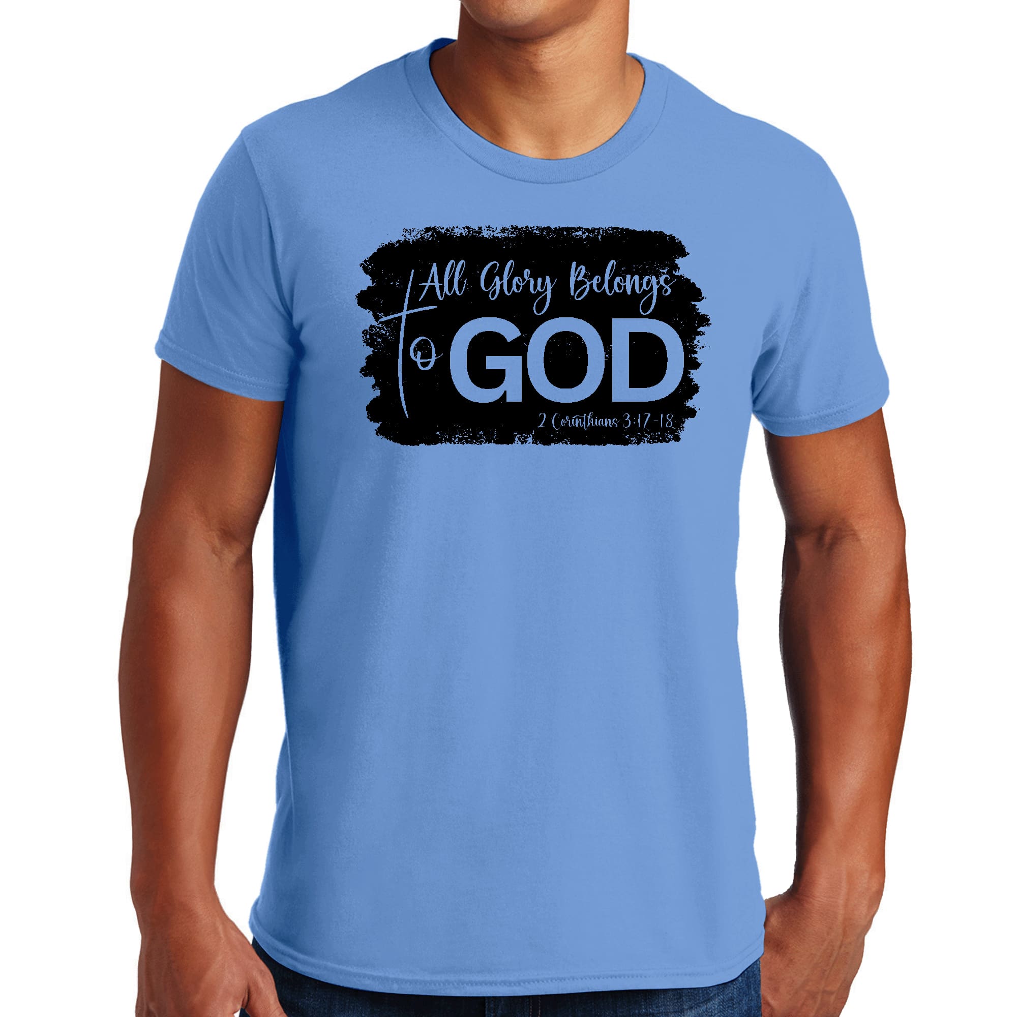 Men's black graphic T-shirt featuring 'All Glory Belongs to God' print, made from soft preshrunk cotton.