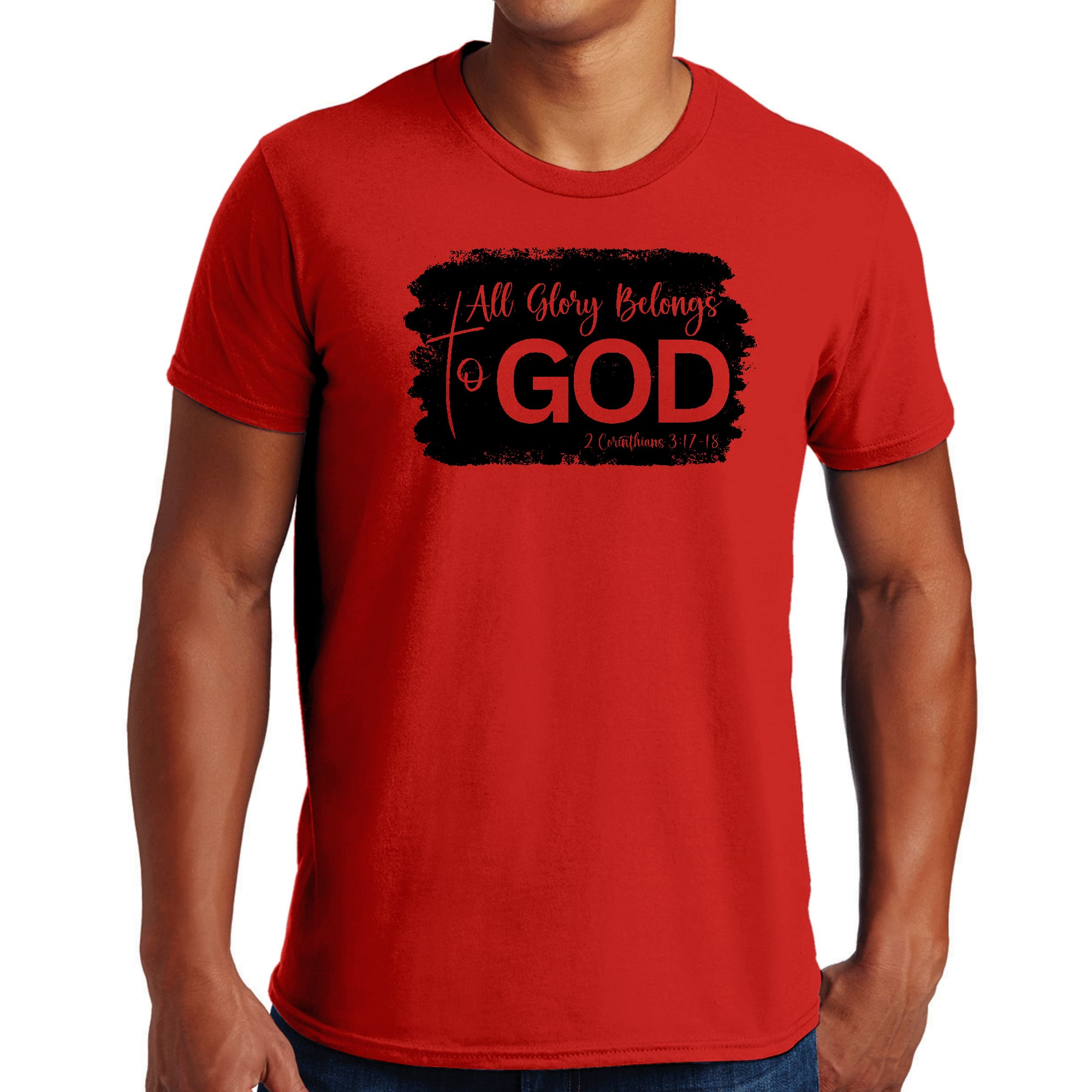 Men's black graphic T-shirt featuring 'All Glory Belongs to God' print, made from soft preshrunk cotton.