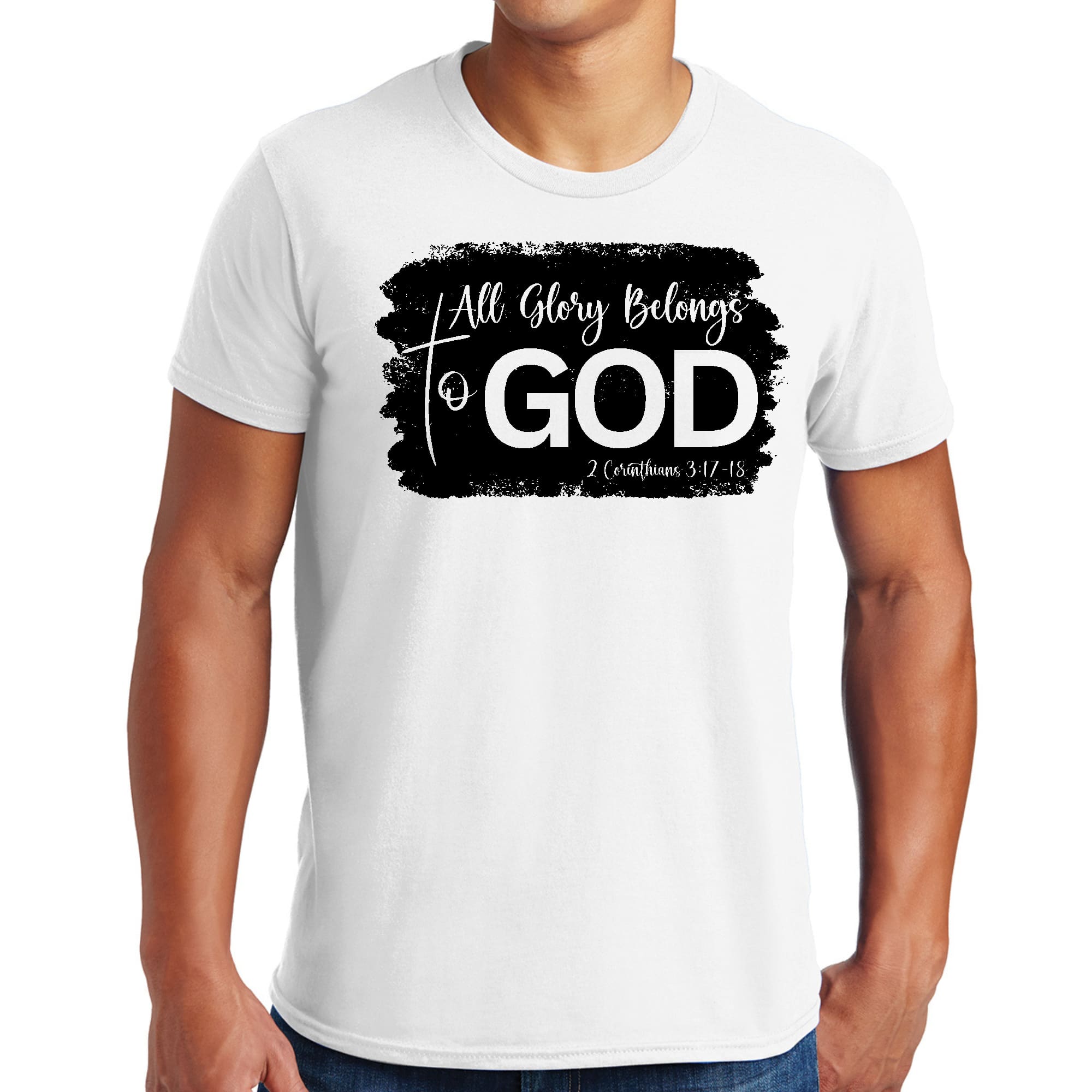 Men's black graphic T-shirt featuring 'All Glory Belongs to God' print, made from soft preshrunk cotton.