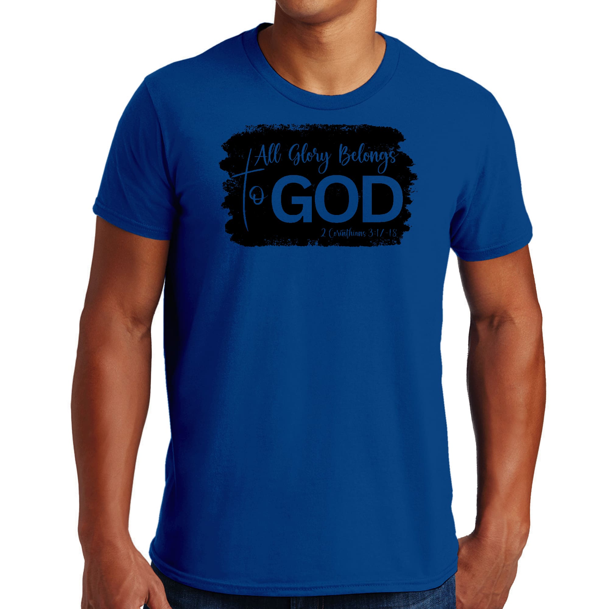 Men's black graphic T-shirt featuring 'All Glory Belongs to God' print, made from soft preshrunk cotton.