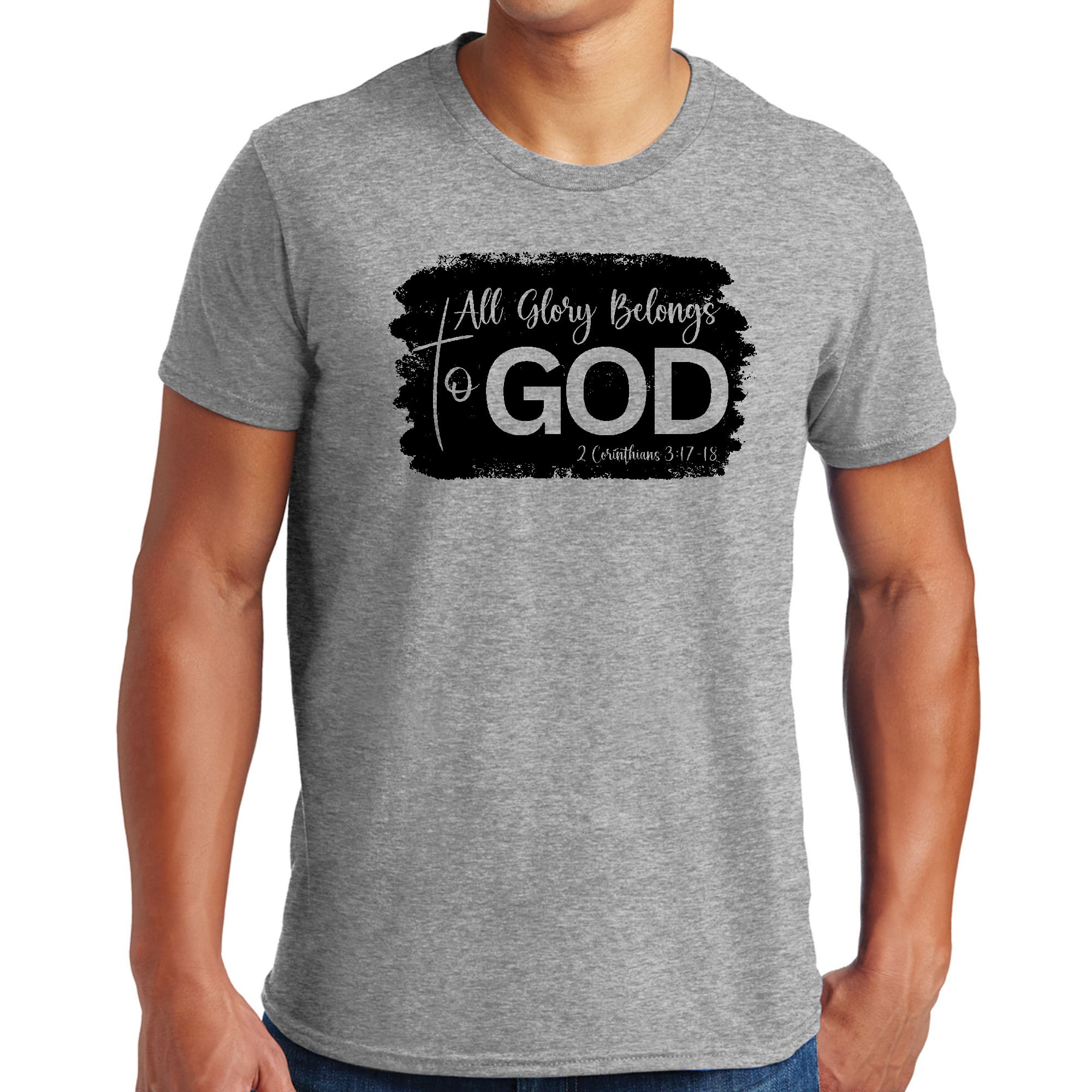 Men's black graphic T-shirt featuring 'All Glory Belongs to God' print, made from soft preshrunk cotton.