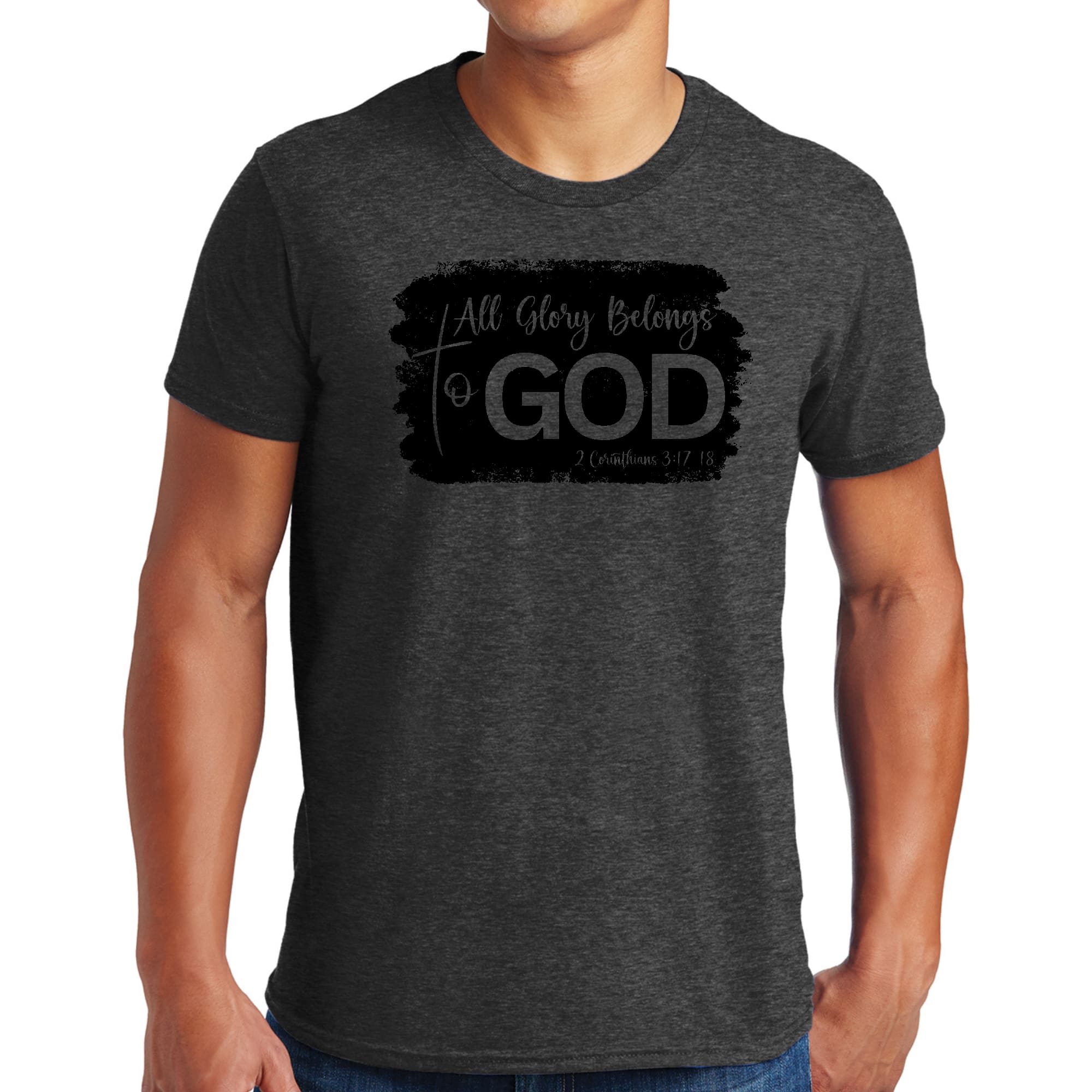 Men's black graphic T-shirt featuring 'All Glory Belongs to God' print, made from soft preshrunk cotton.