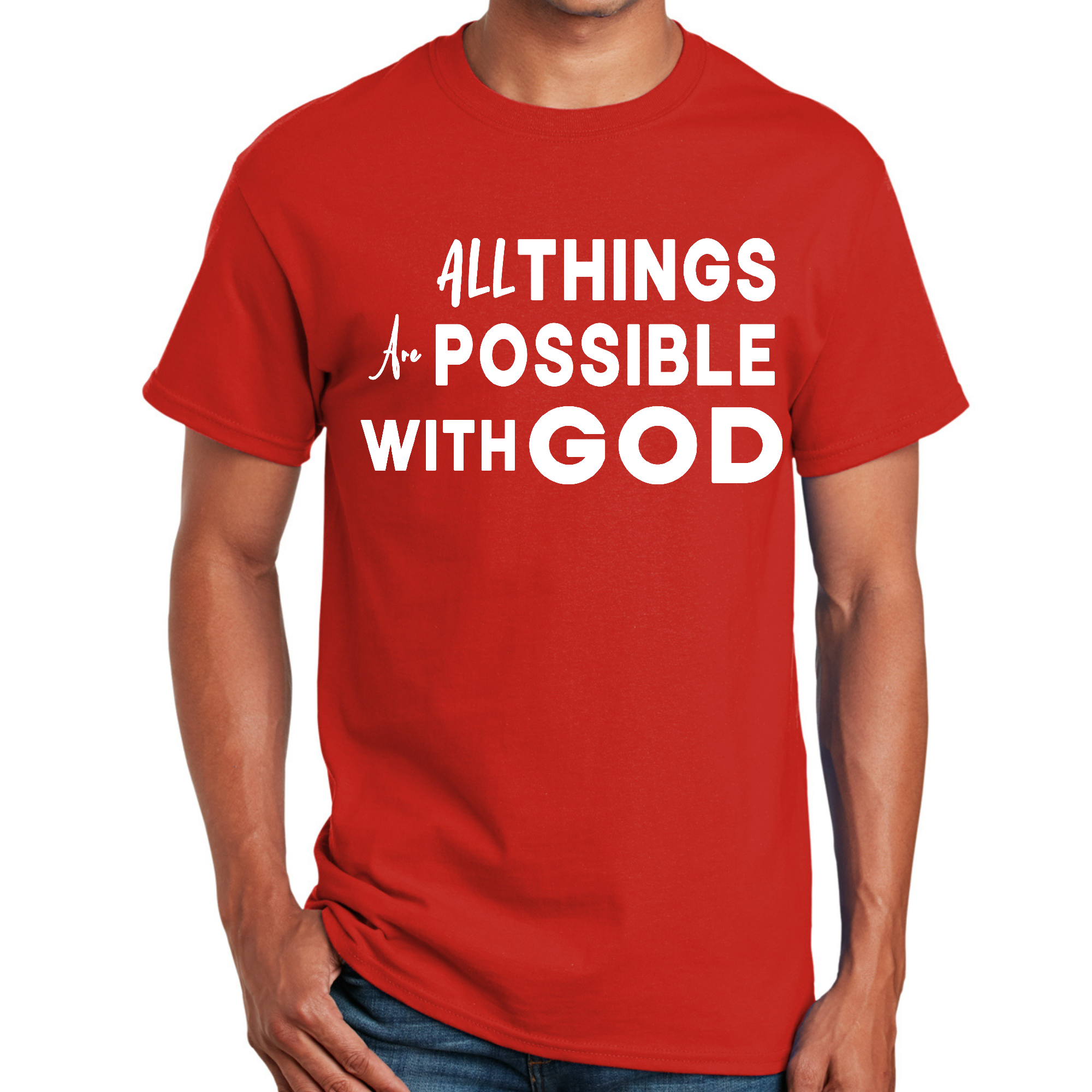 Men's Graphic T-shirt featuring the phrase 'All Things are Possible with God' in a stylish design, made from soft preshrunk cotton.