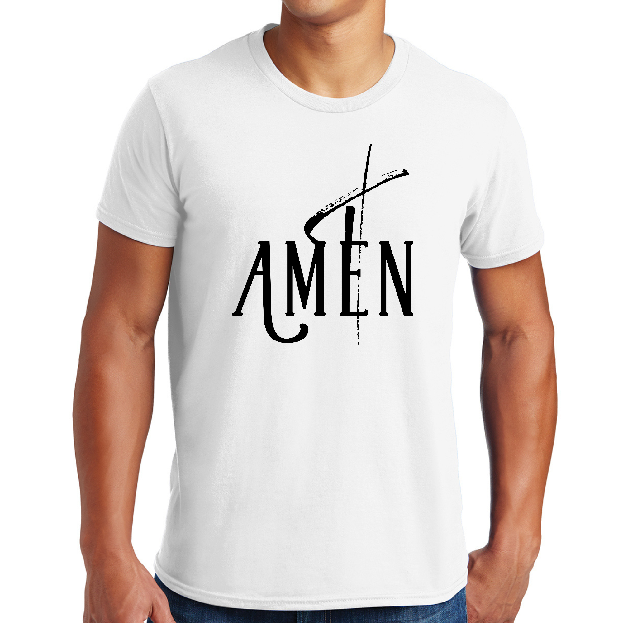 Mens Graphic T-shirt Amen featuring a bold black print design, crafted from moisture-wicking fabric for comfort and style.