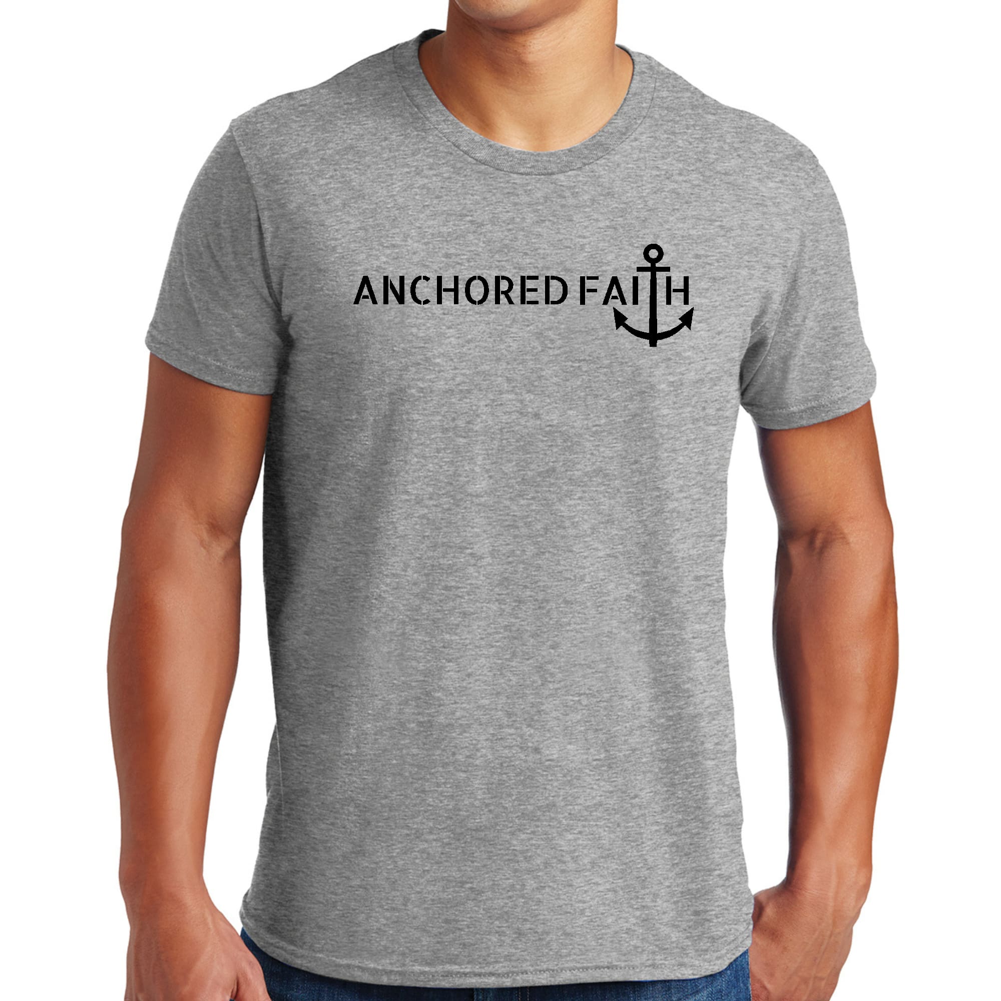 Mens Graphic T-shirt featuring Anchored Faith design in black print, made from soft preshrunk cotton, showcasing a classic fit.