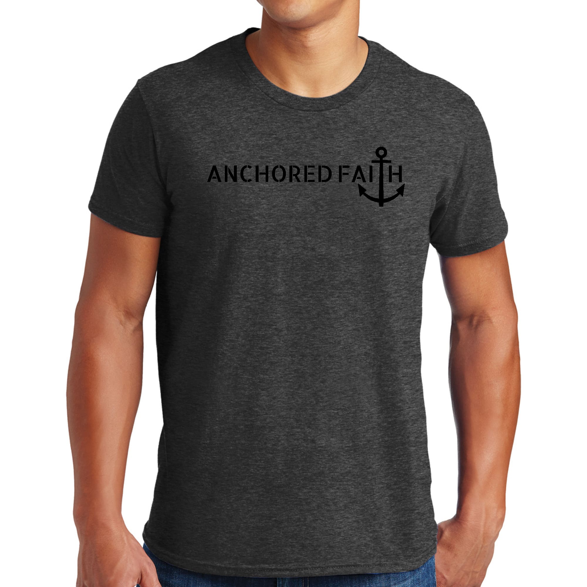 Mens Graphic T-shirt featuring Anchored Faith design in black print, made from soft preshrunk cotton, showcasing a classic fit.