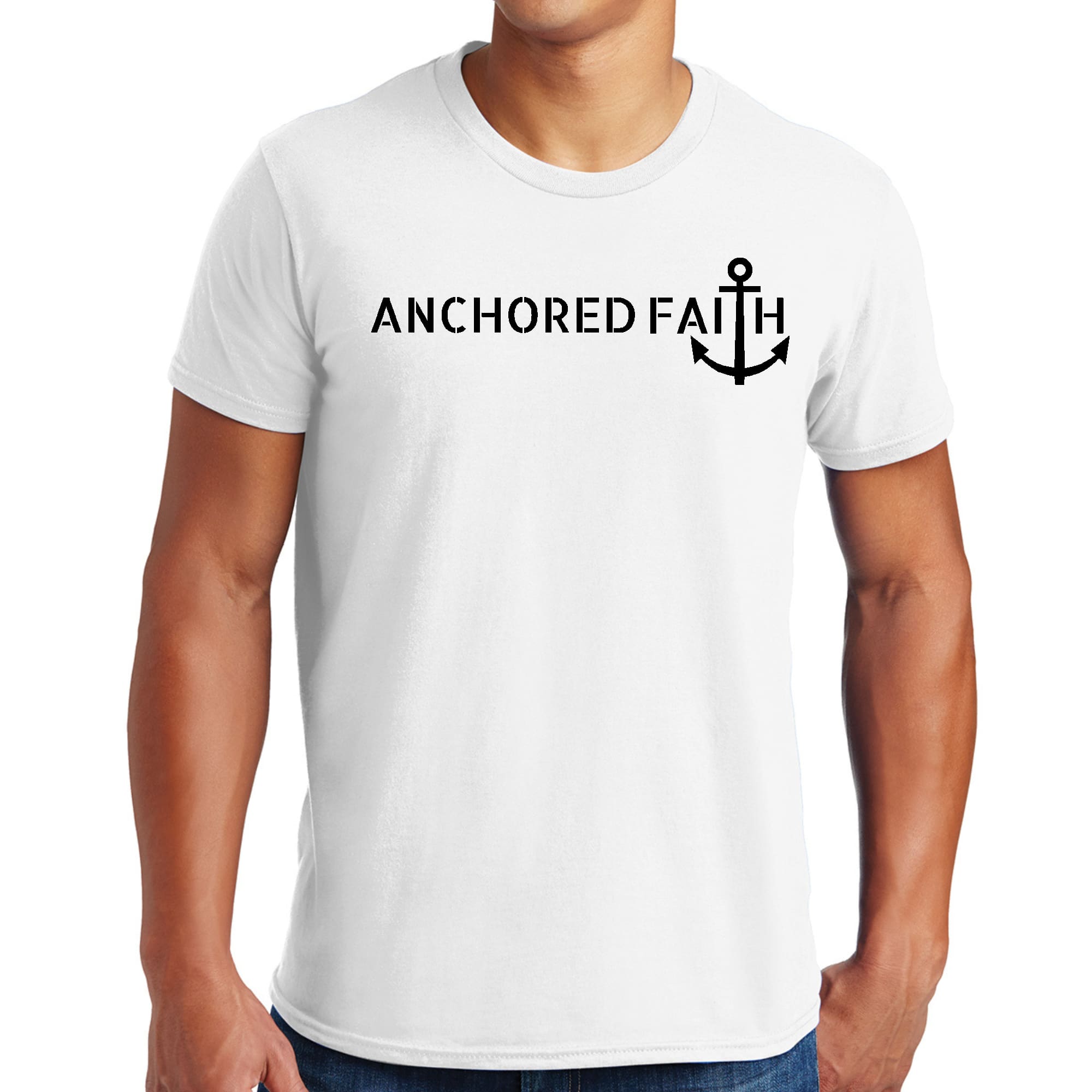 Mens Graphic T-shirt featuring Anchored Faith design in black print, made from soft preshrunk cotton, showcasing a classic fit.