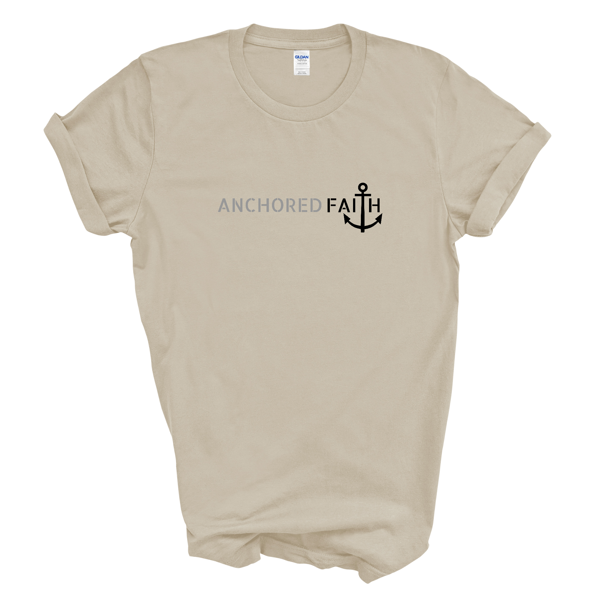 Mens Graphic T-shirt in grey and black featuring Anchored Faith design, made from soft preshrunk cotton for comfort.