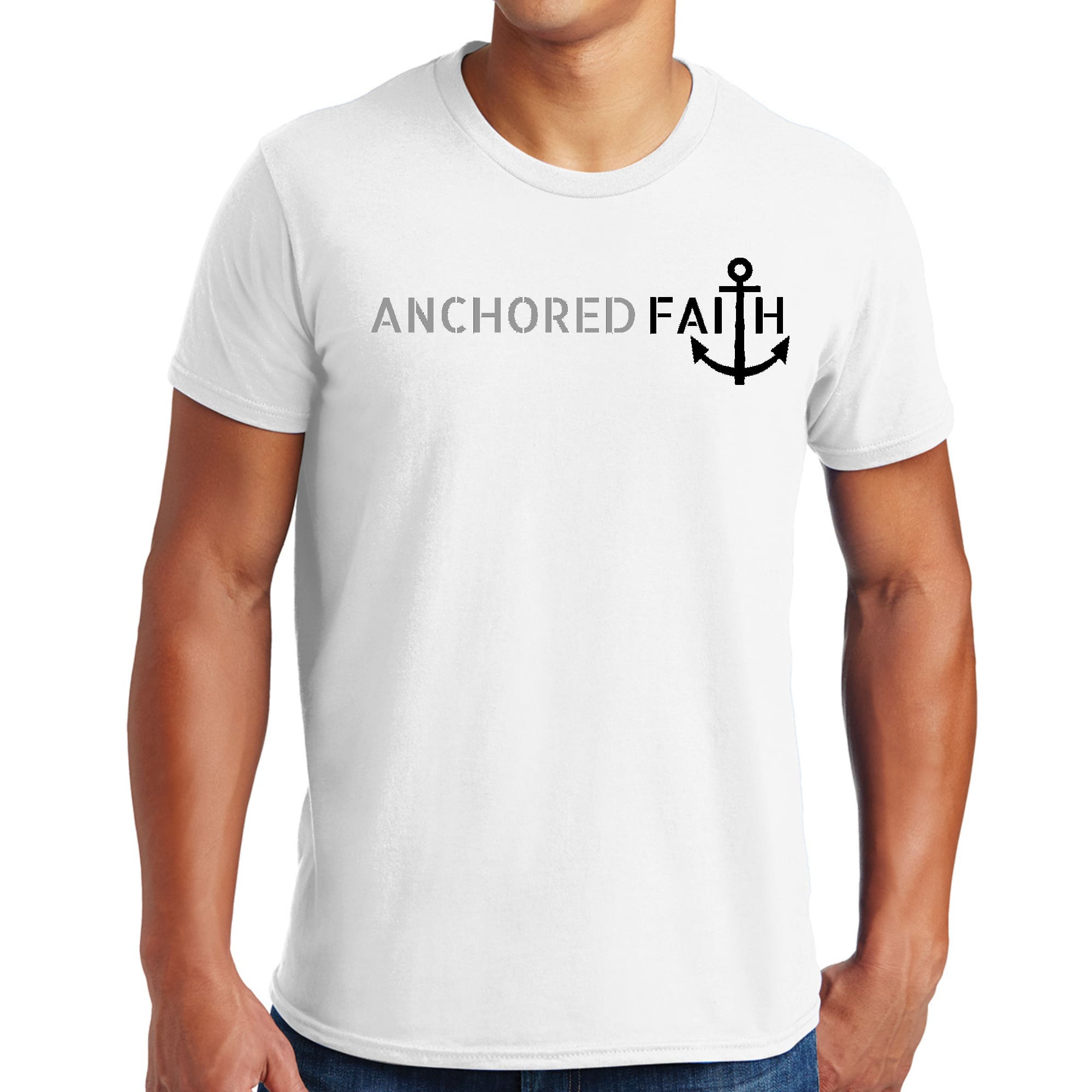 Mens Graphic T-shirt in grey and black featuring Anchored Faith design, made from soft preshrunk cotton for comfort.