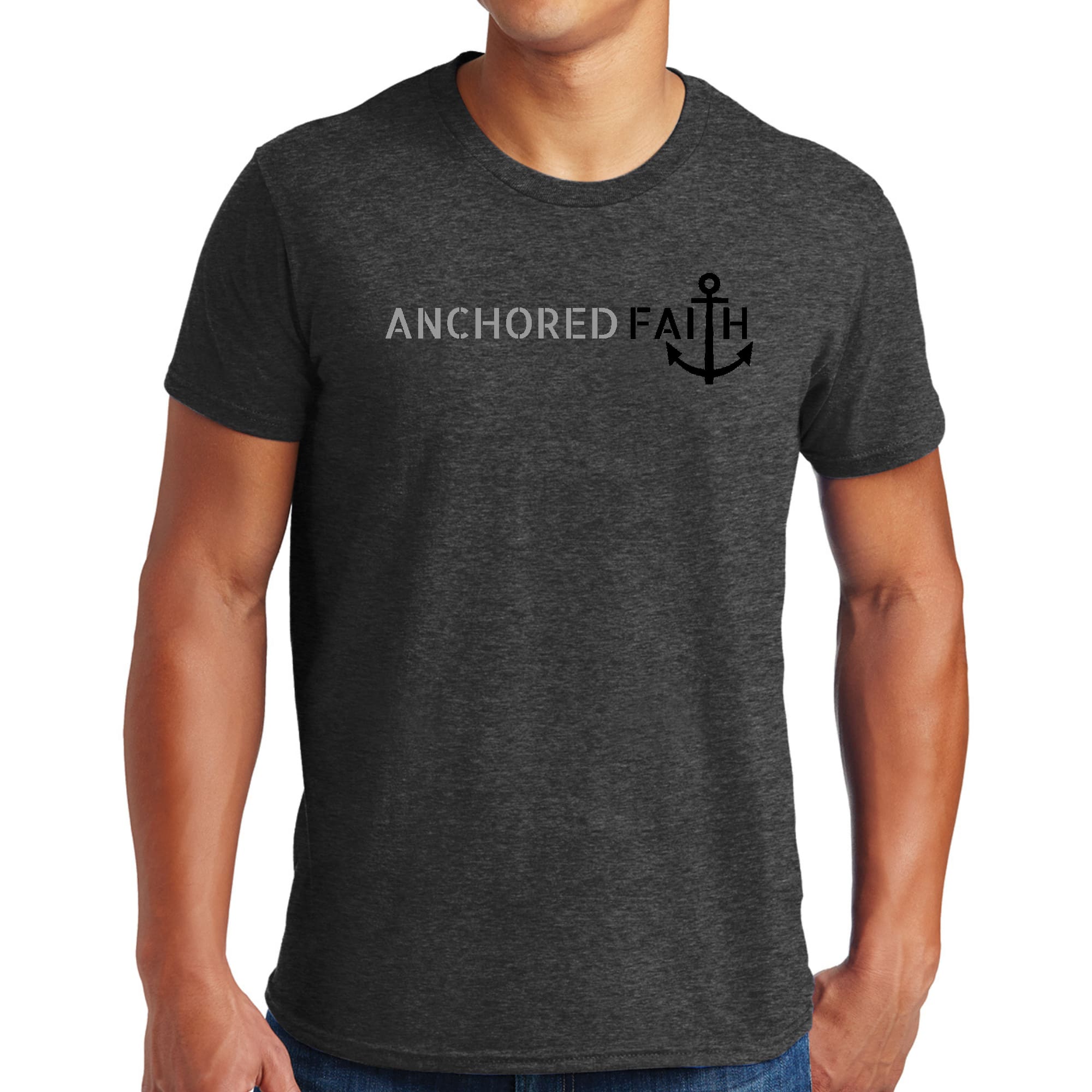 Mens Graphic T-shirt in grey and black featuring Anchored Faith design, made from soft preshrunk cotton for comfort.