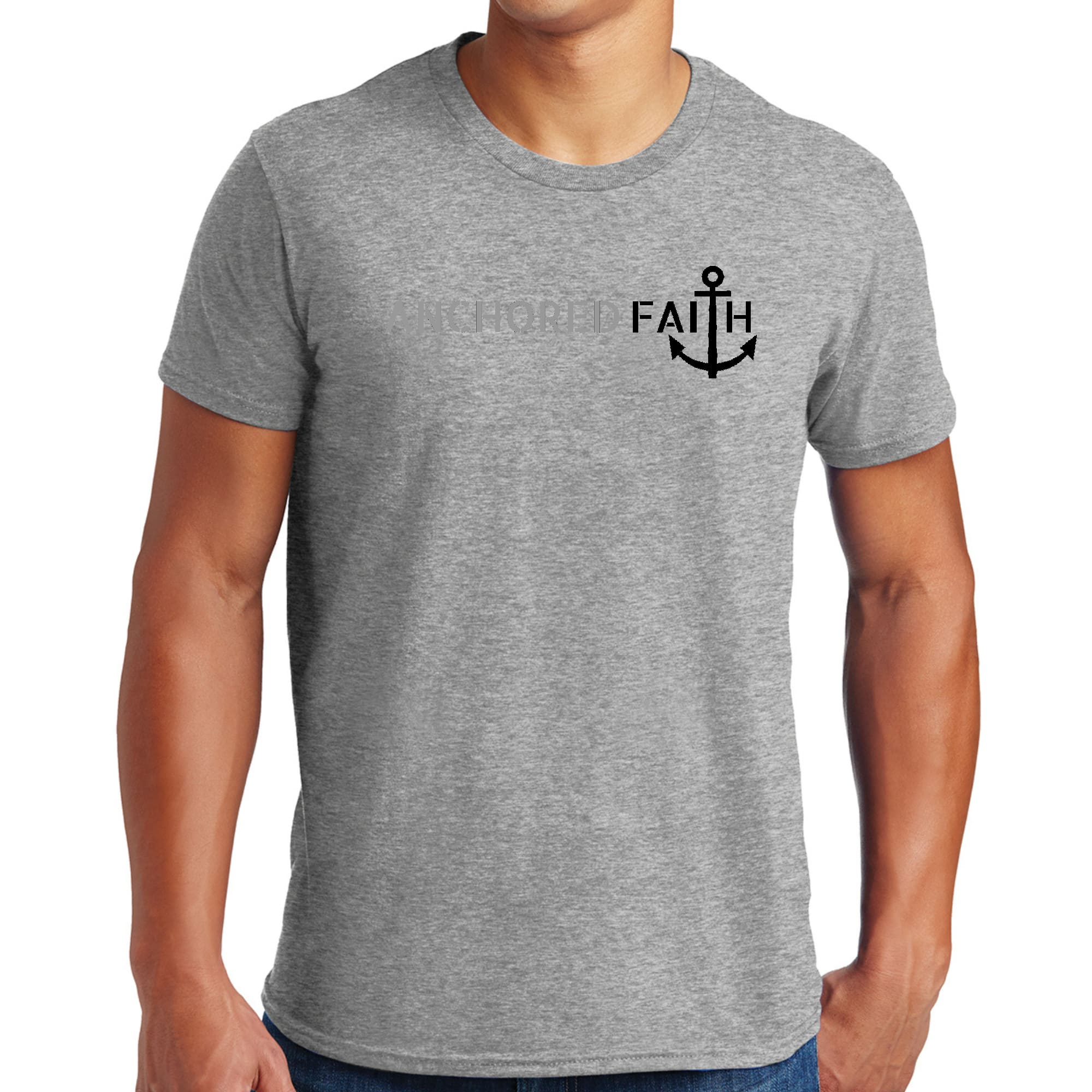 Mens Graphic T-shirt in grey and black featuring Anchored Faith design, made from soft preshrunk cotton for comfort.