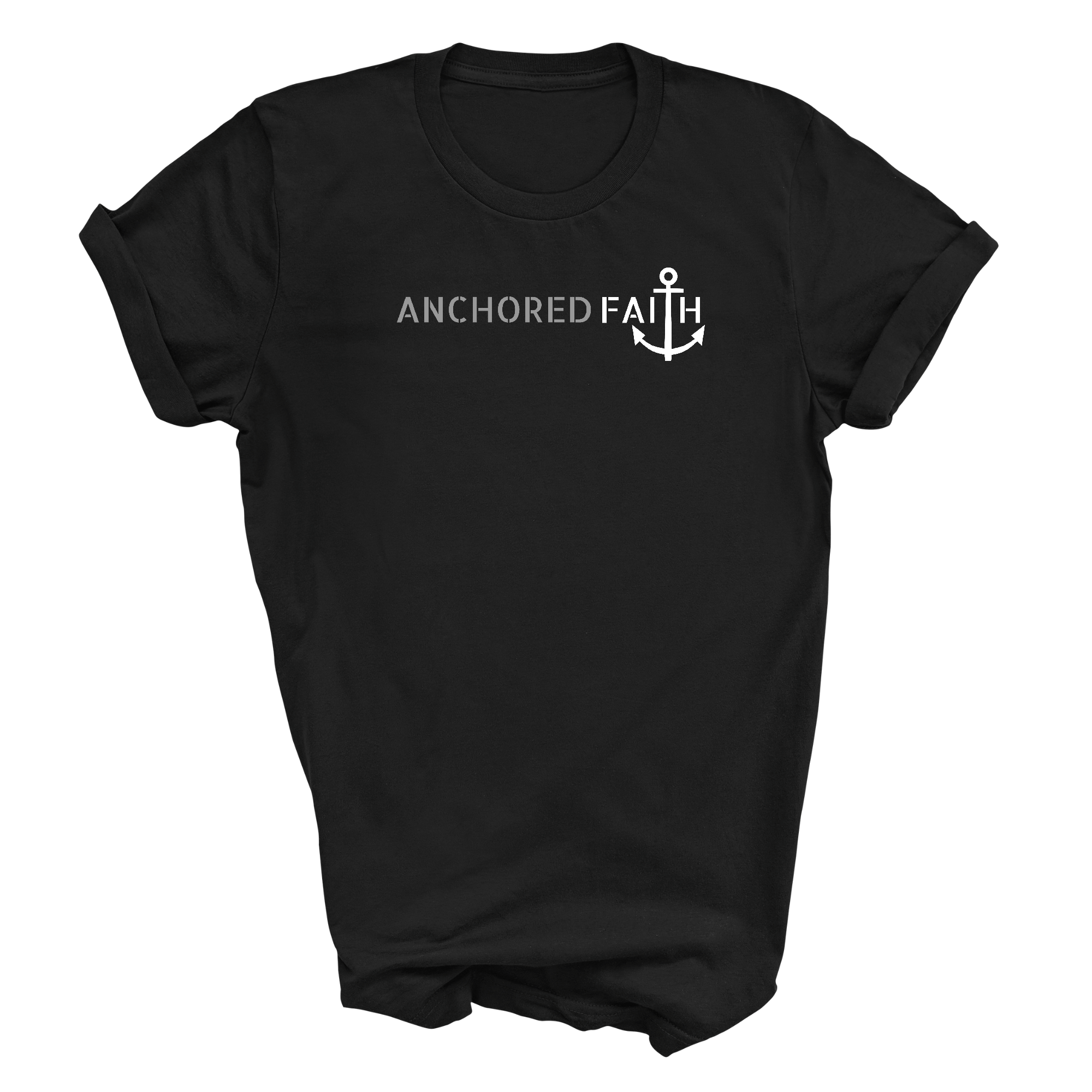 Mens Graphic T-shirt in grey and white featuring the Anchored Faith design, made from soft preshrunk cotton with a classic fit.